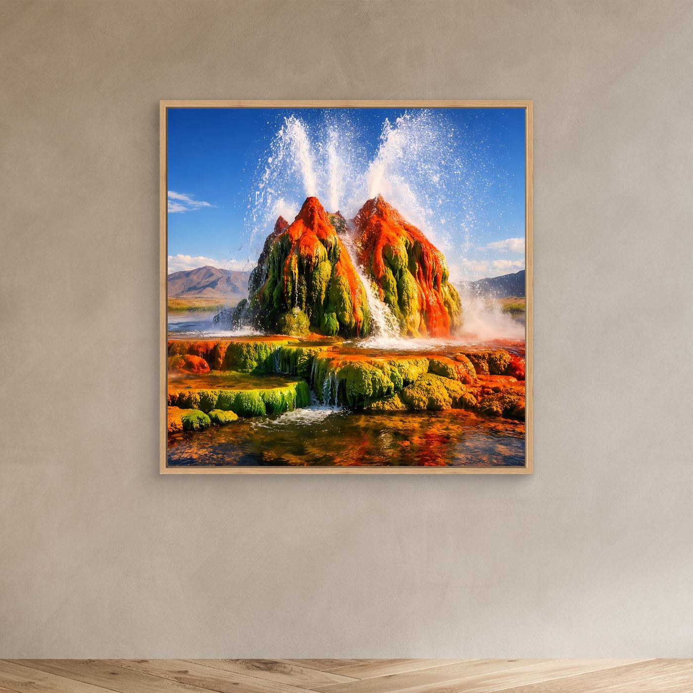 Leinwandbild mit Geysir-Motiv und Eichenrahmen, leuchtende Farben, Wasserstrahlen