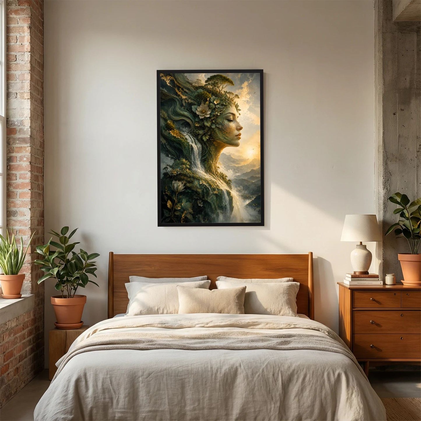 Wandposter Hochformat: Gesicht einer Naturfrau im Grün, Wasserfall im Wald, schwarzer Rahmen