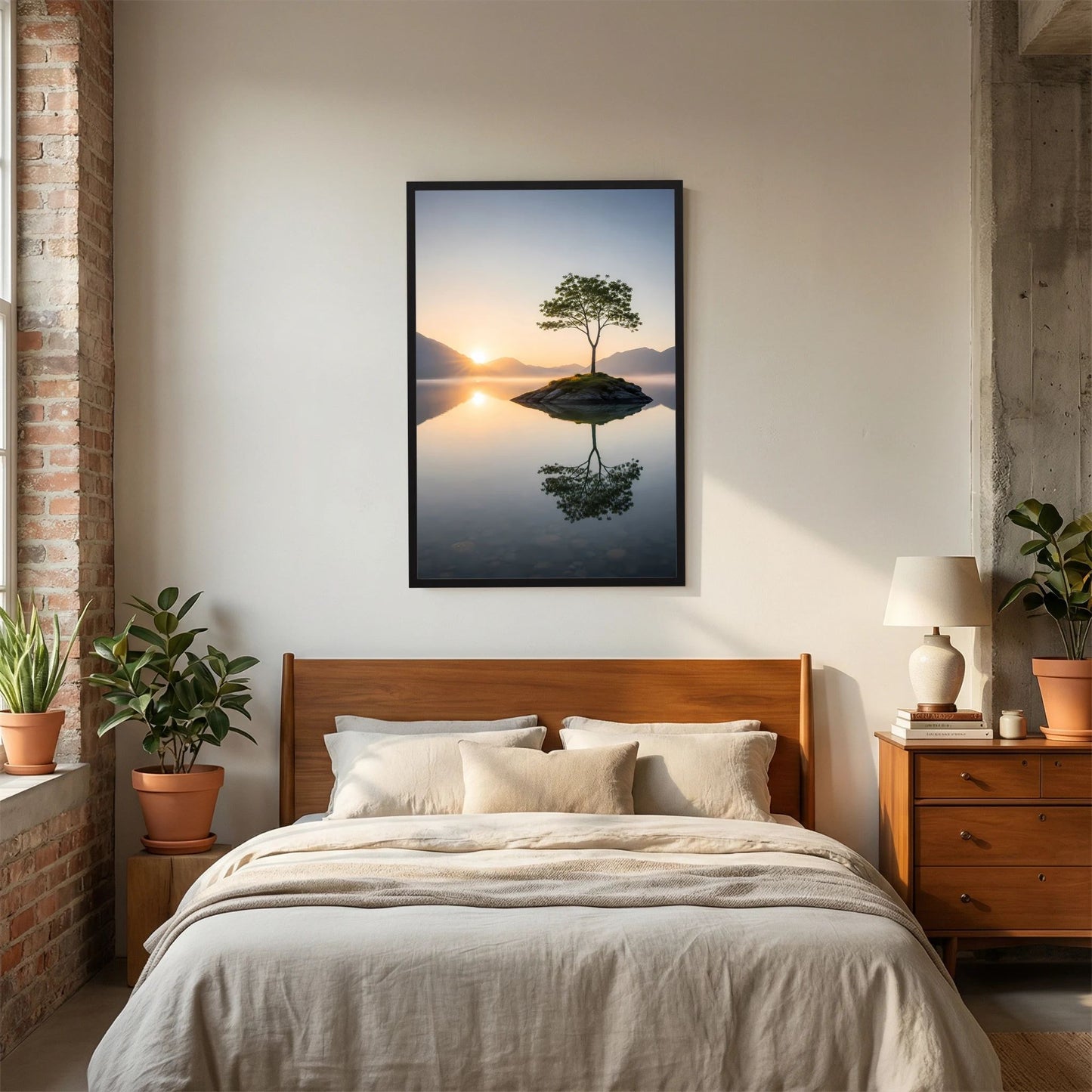 Gerahmtes Hochformat-Poster mit einsamem Baum auf kleiner Insel im Sonnenaufgang, Spiegelung.