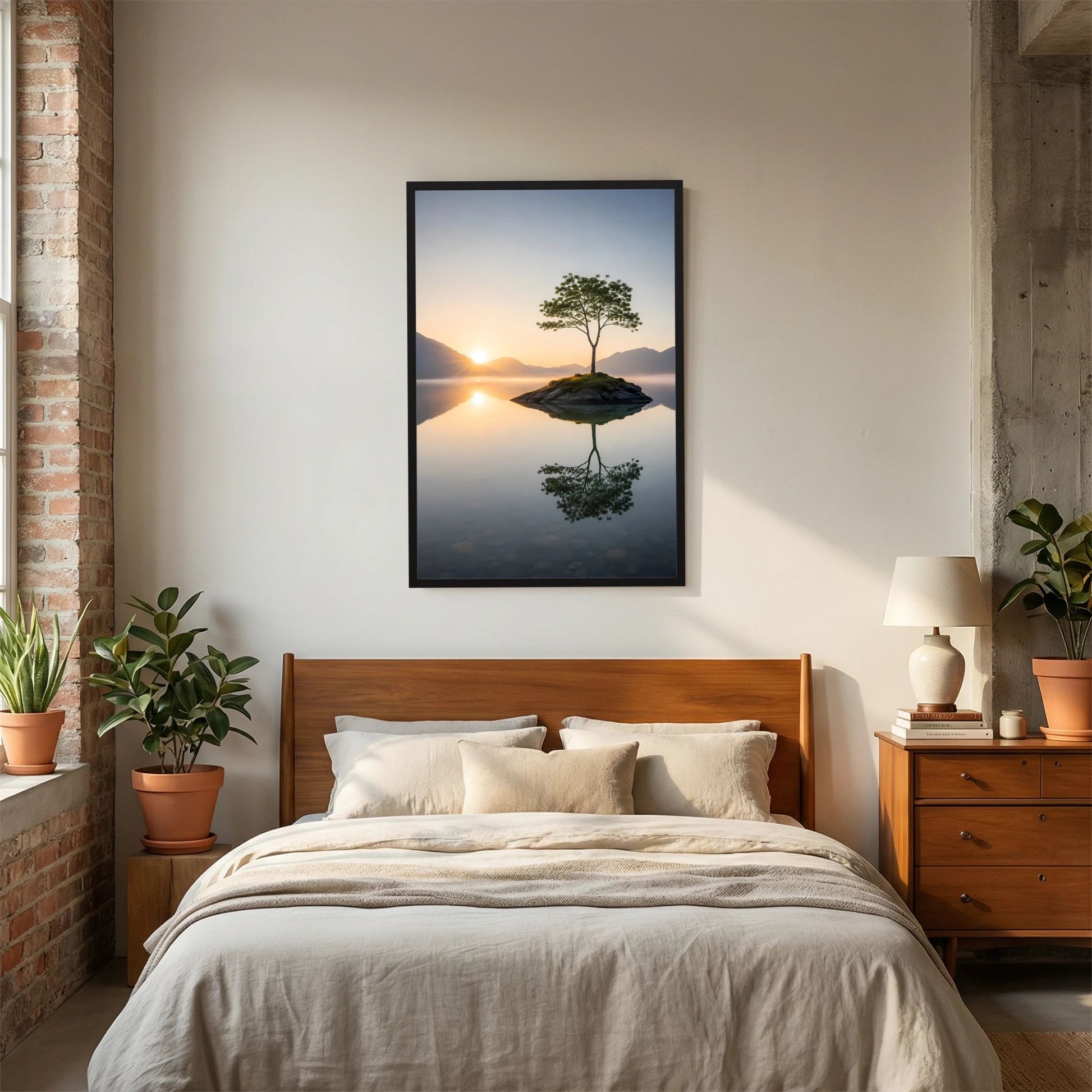 Gerahmtes Hochformat-Poster mit einsamem Baum auf kleiner Insel im Sonnenaufgang, Spiegelung.