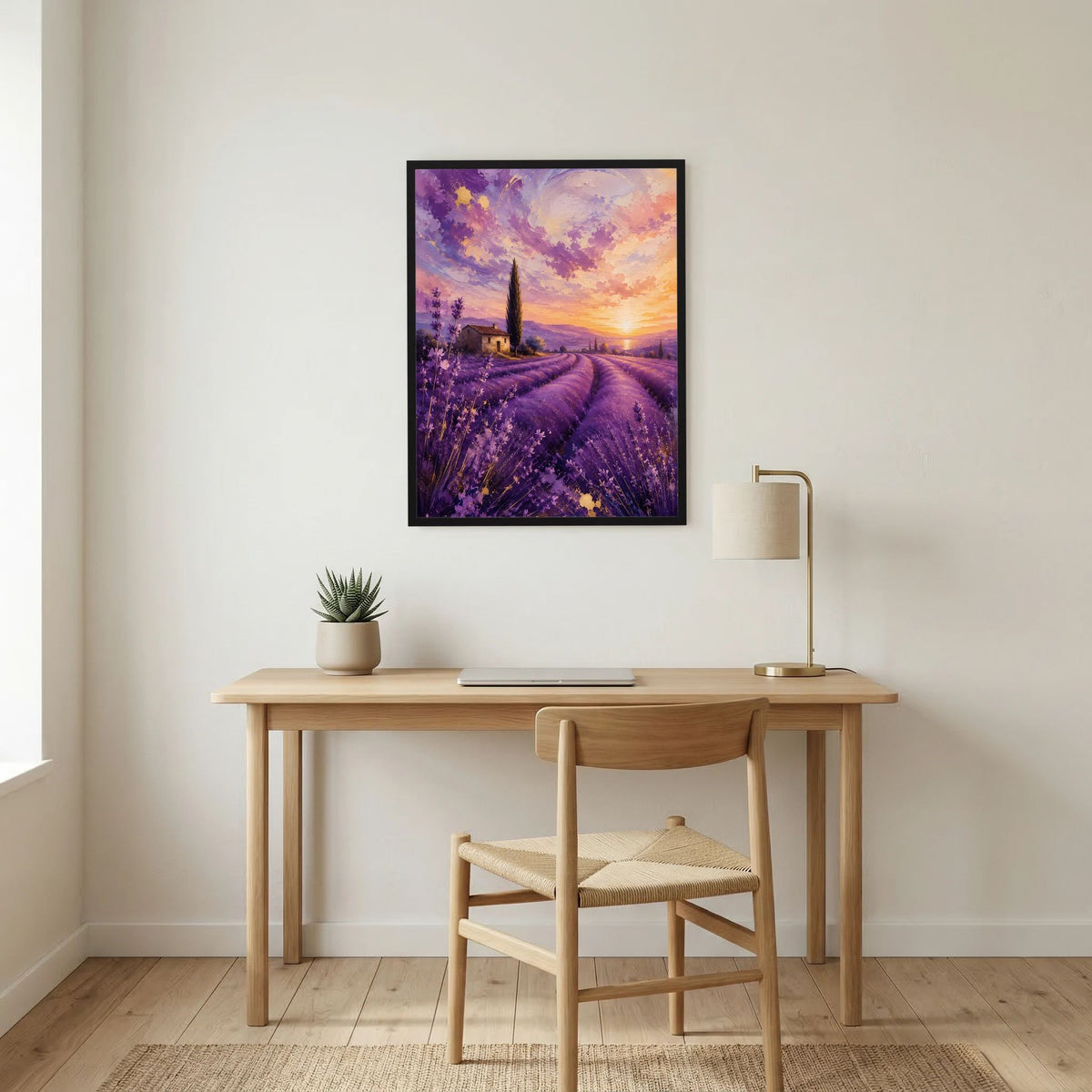 Hochformat-Poster mit Lavendelfeld bei Sonnenuntergang, violett-goldene Farbstimmung im dunklen Rahmen