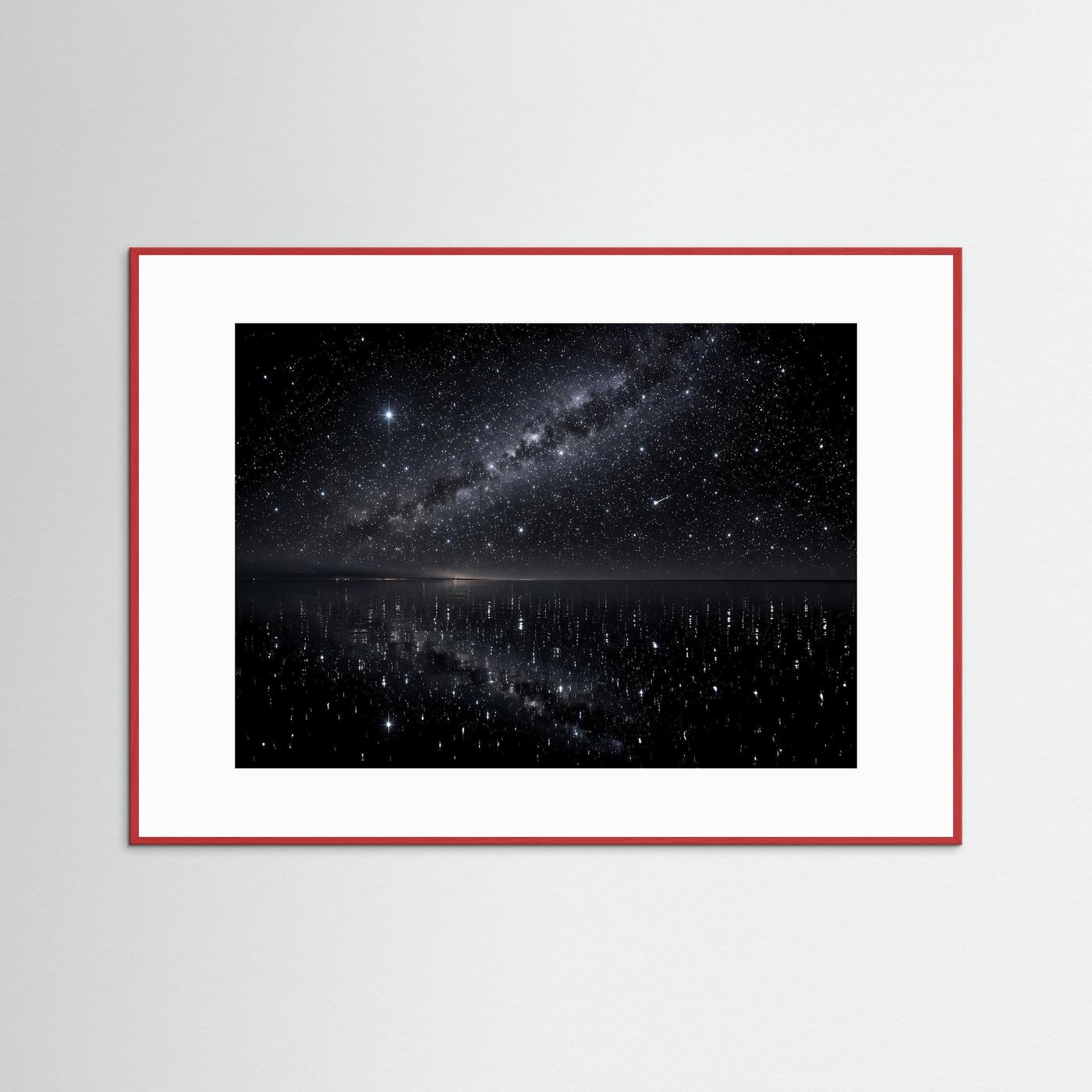 Gerahmtes Poster mit Sternenhimmel und Seespiegel, weißes Passepartout