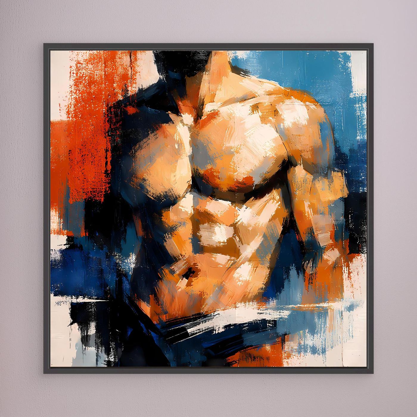 Framed abstract male torso painting with dark frame and orange blue black brush strokes