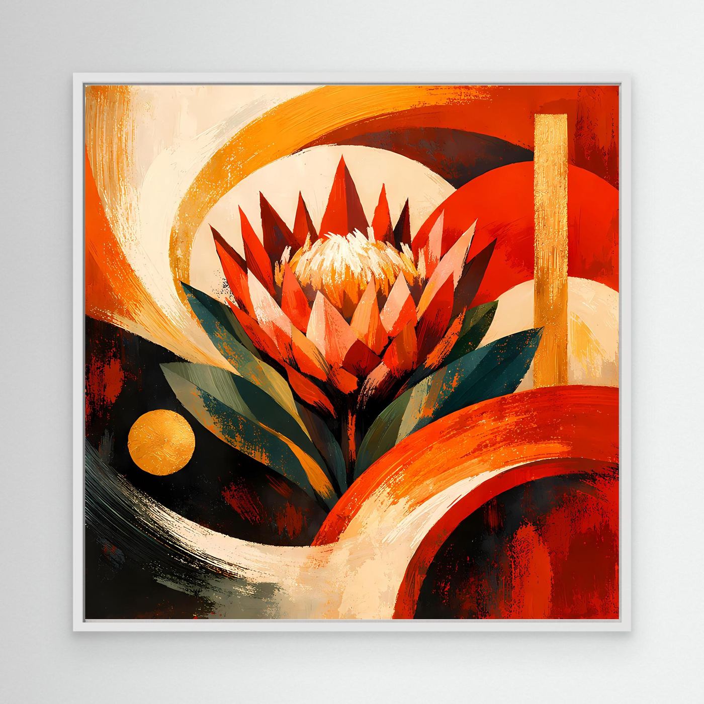 Leinwandbild mit abstrakter Protea im weißen Rahmen, Rot, Orange, Gold