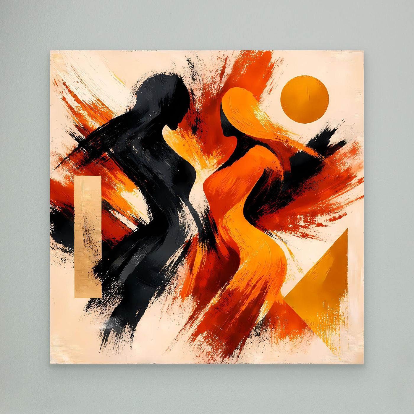 Abstraktes Wandbild ohne Rahmen mit schwarzen und orangefarbenen Silhouetten, Sonne, Pinselstriche