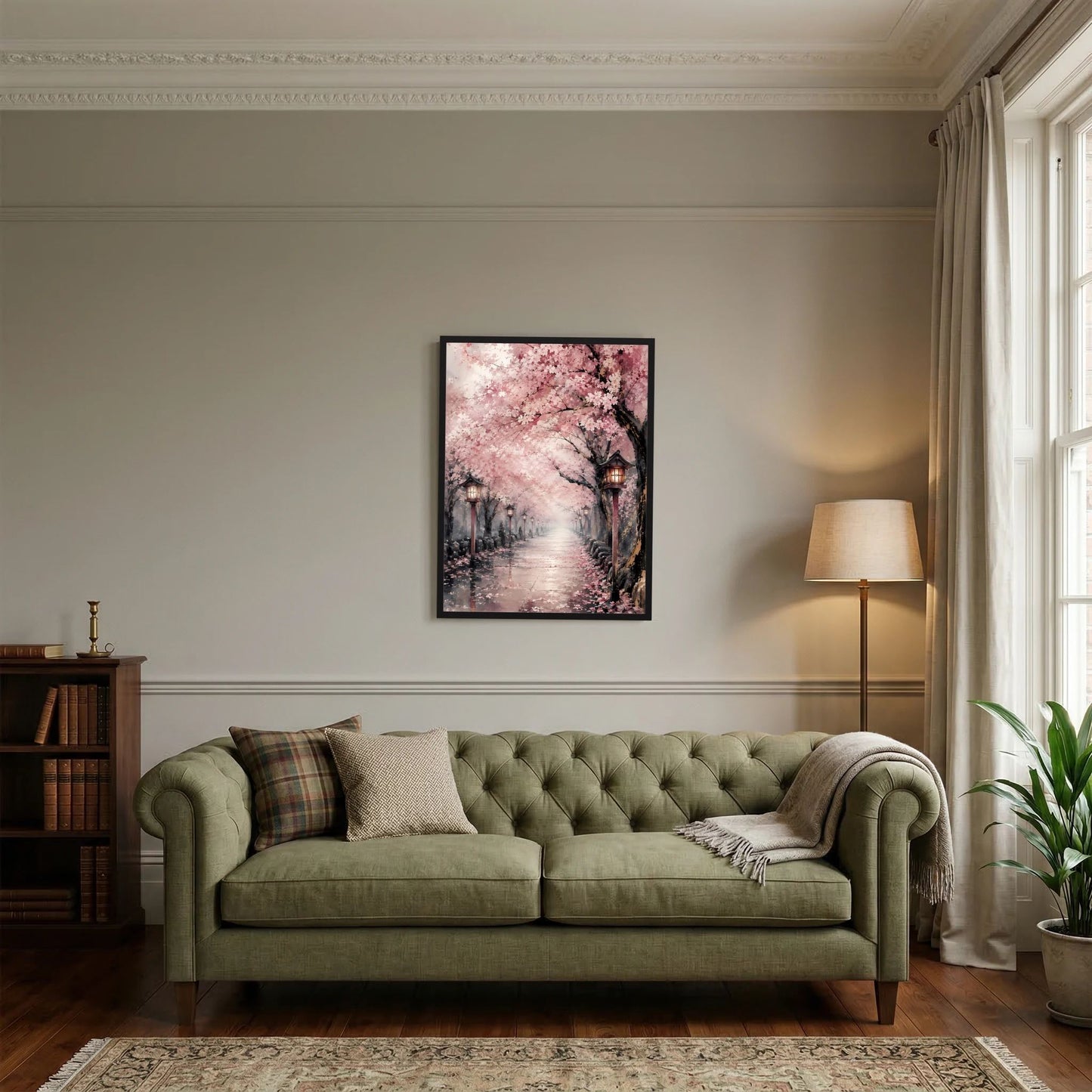 Wandposter mit rosa Kirschblüten über Weg, Laternen entlang der Allee, Hochformat.