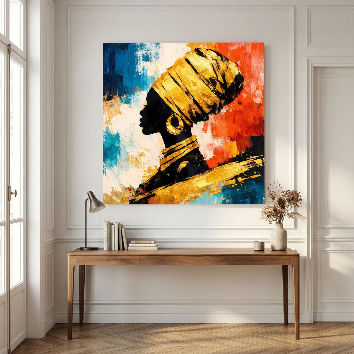 Leinwandbild mit Profil einer Frau, goldfarbener Kopfschmuck, orange-rote und blaue Pinseltexturen