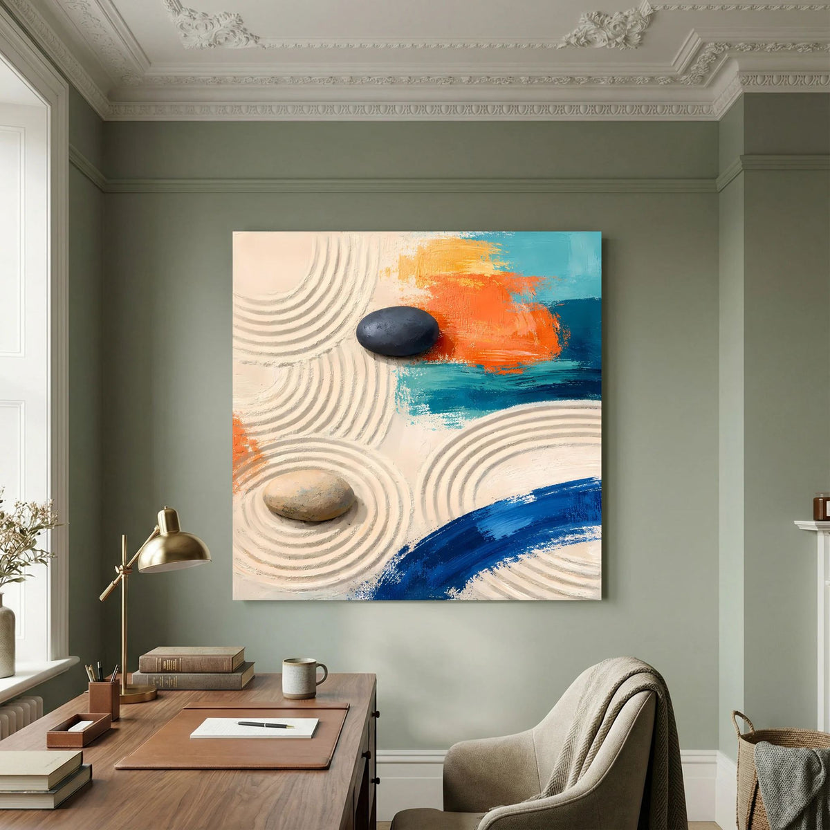 Abstraktes Leinwandbild mit Sandlinien und zwei Steinen, mit orange-blauem Farbstreifen
