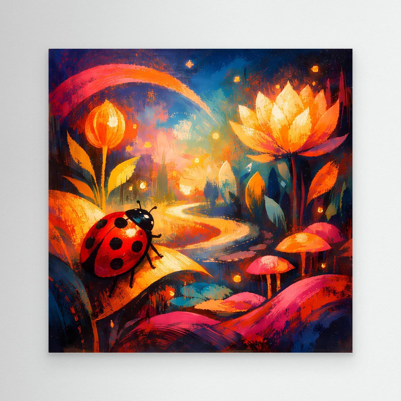 Leinwand-Wandbild mit Marienkäfer auf buntem Pfad und leuchtender Lotusblüte, rahmenlos