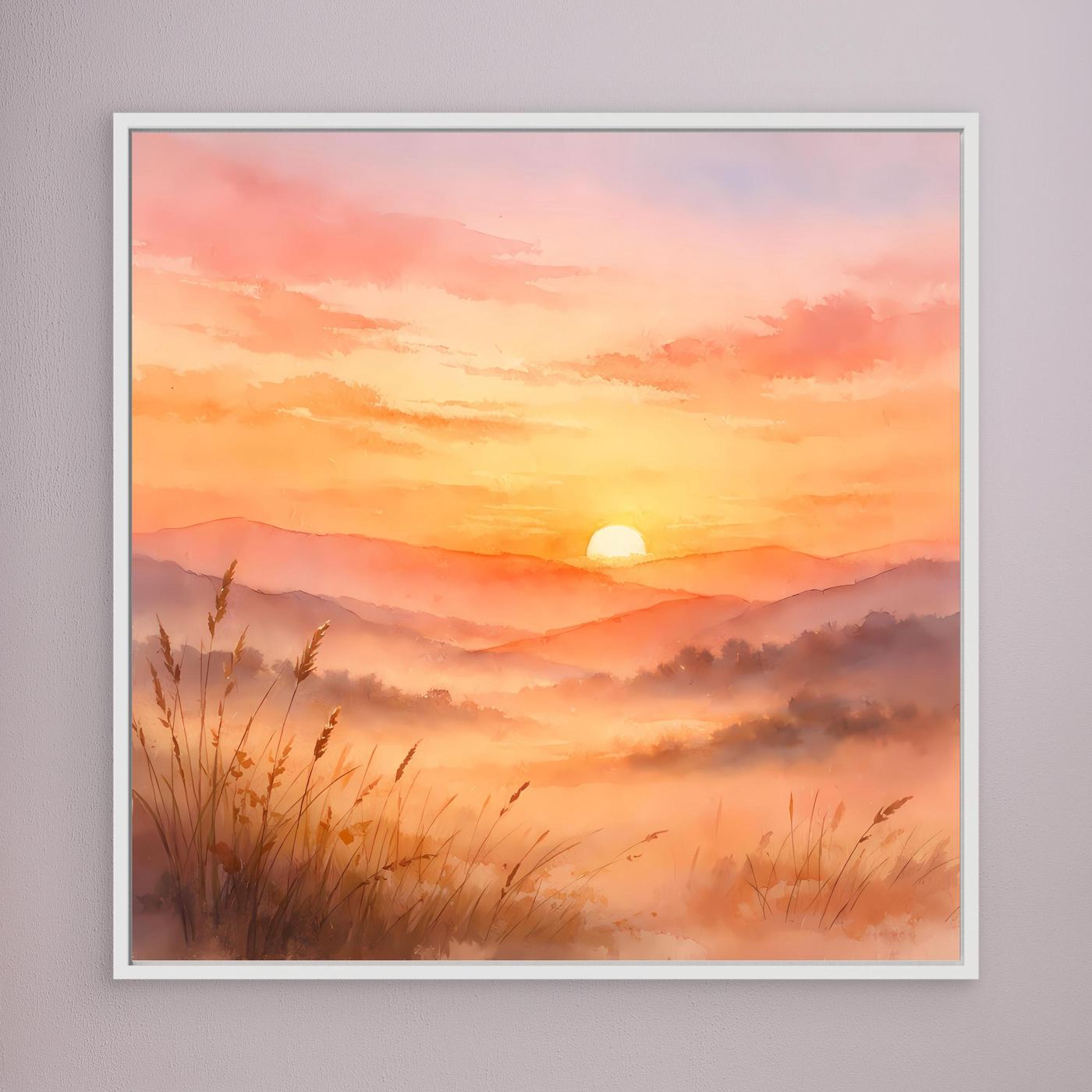 Leinwandbild Sonnenuntergang mit warmen Aquarellfarben und weißem Rahmen