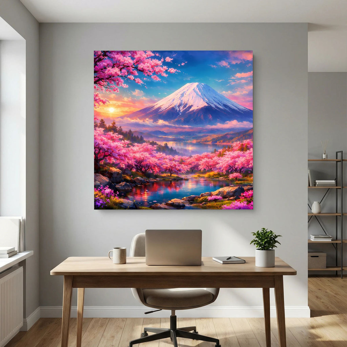 Leinwandbild auf Holzkeilrahmen: Fuji im Sonnenlicht, Kirschblüten in Pink und blauem Himmel