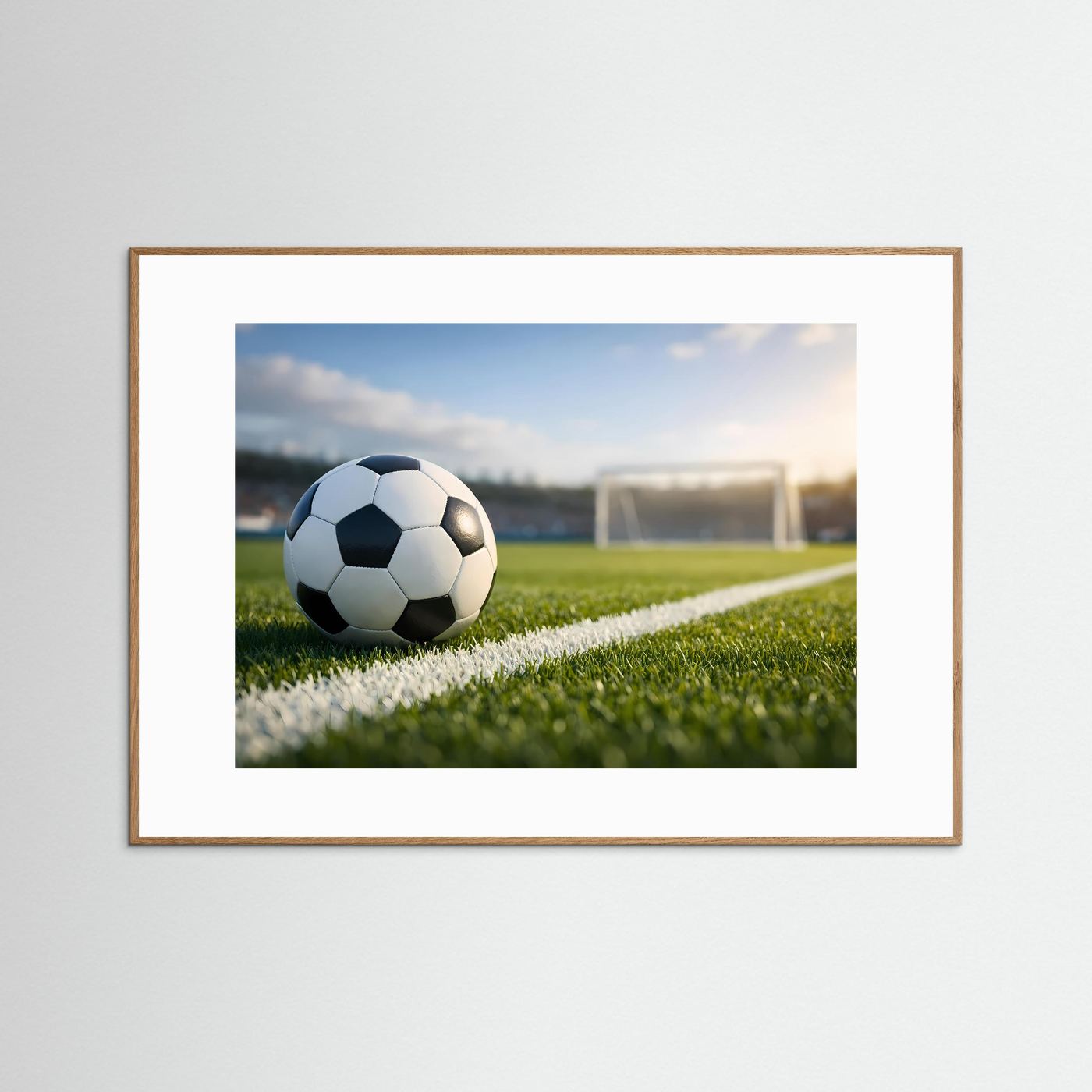 Poster im Querformat mit Fußball auf Rasen an der Torlinie, Holzrahmen.