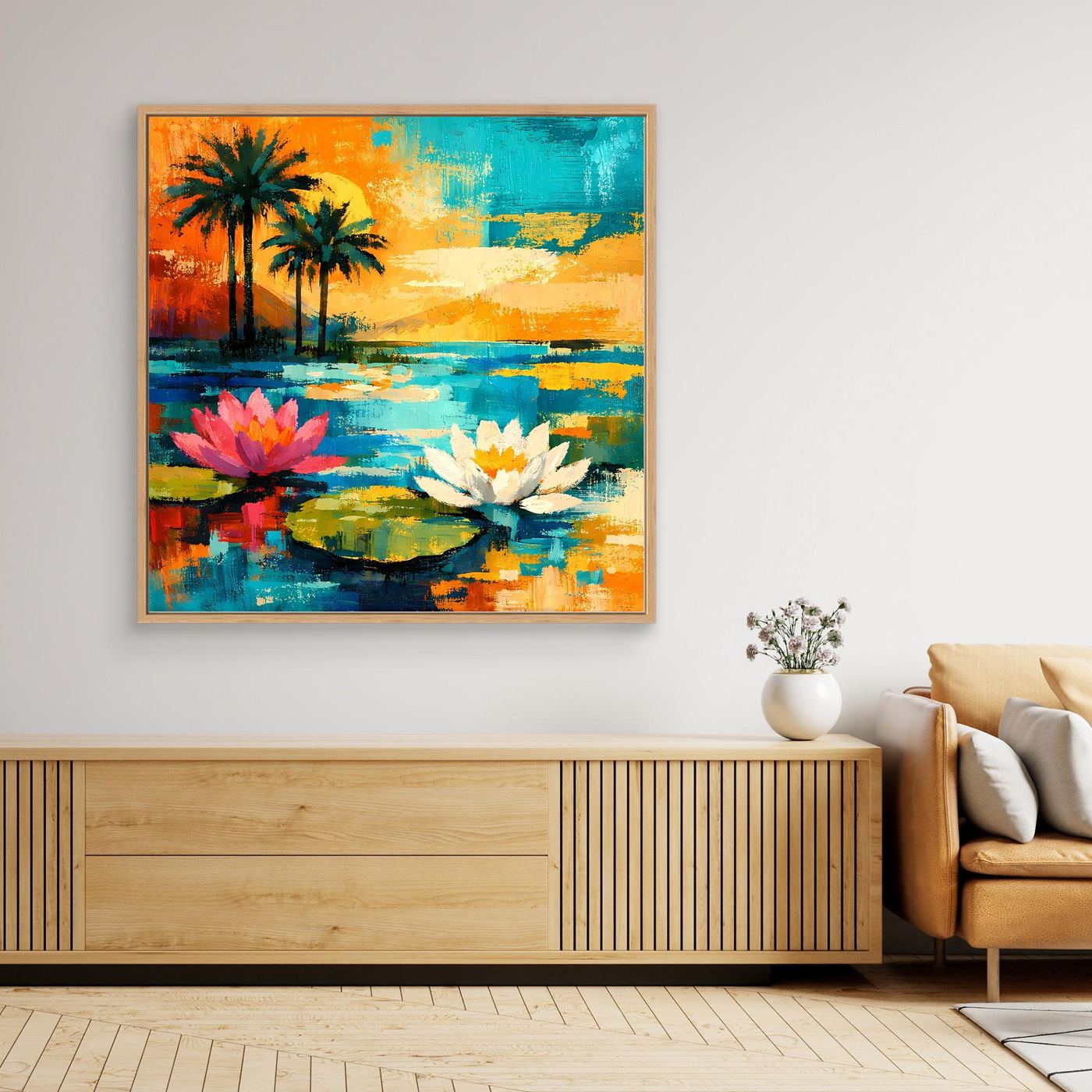 Abstraktes Leinwand-Wandbild mit Palmen und Seerosen, tropische Wasserflächen in Blau und Orange