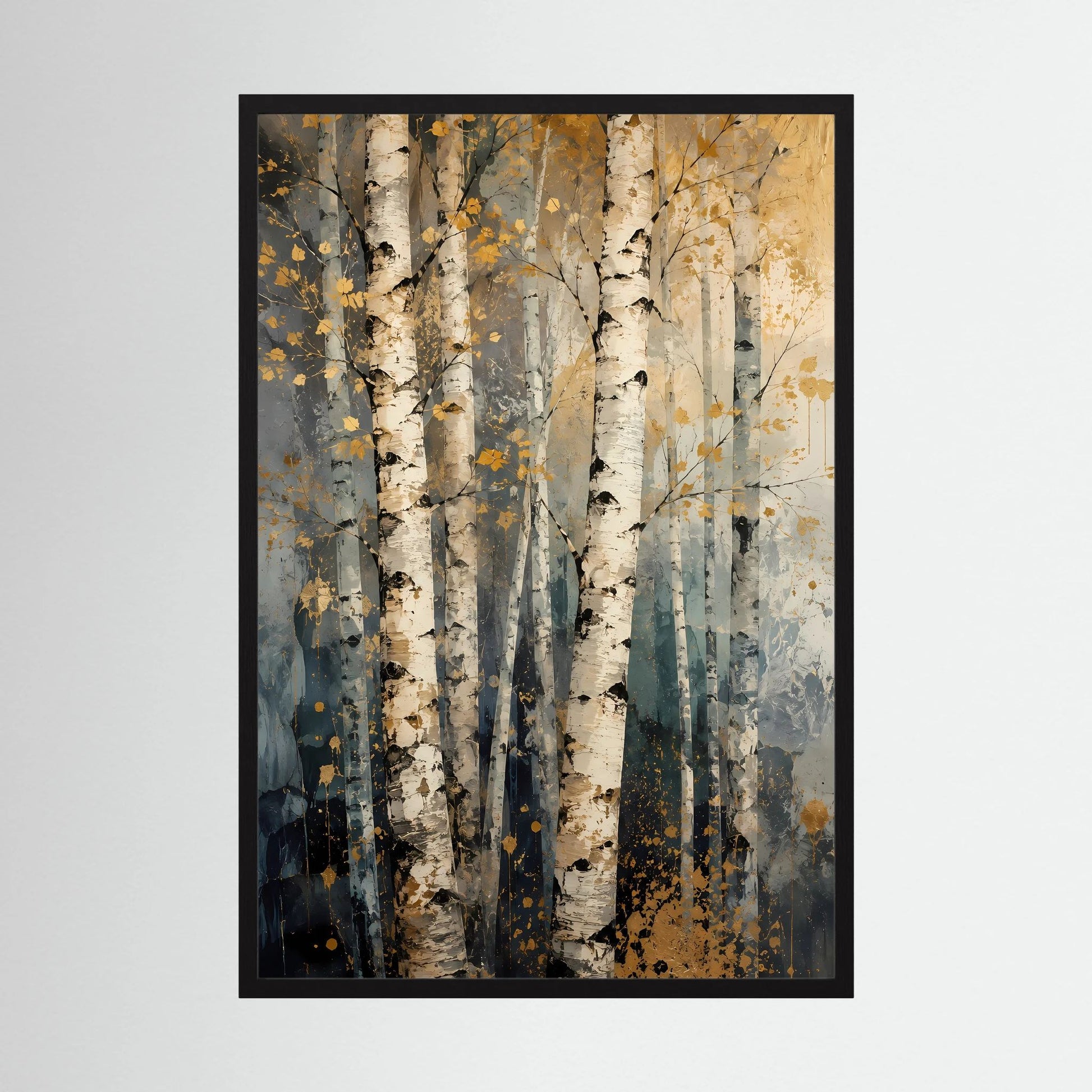 Hochformatiger Birken-Posterprint mit abstrakten Stämmen in Beige, Grau und Blau, schwarzer Rahmen