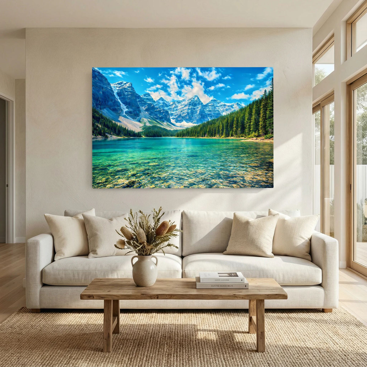 Wandbild mit türkisfarbenem Bergsee, Alpenmassiv und Nadelwald im Querformat