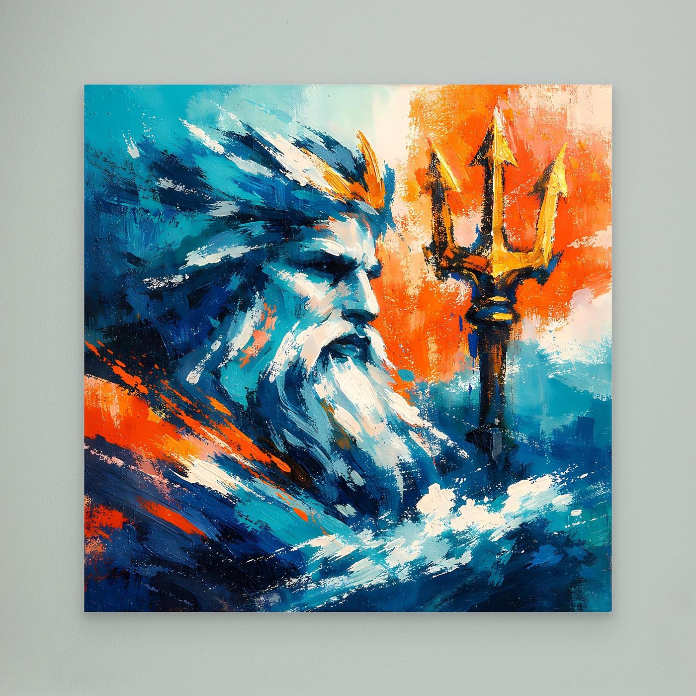 Abstract wall canvas, close view of blue bearded figure with orange background