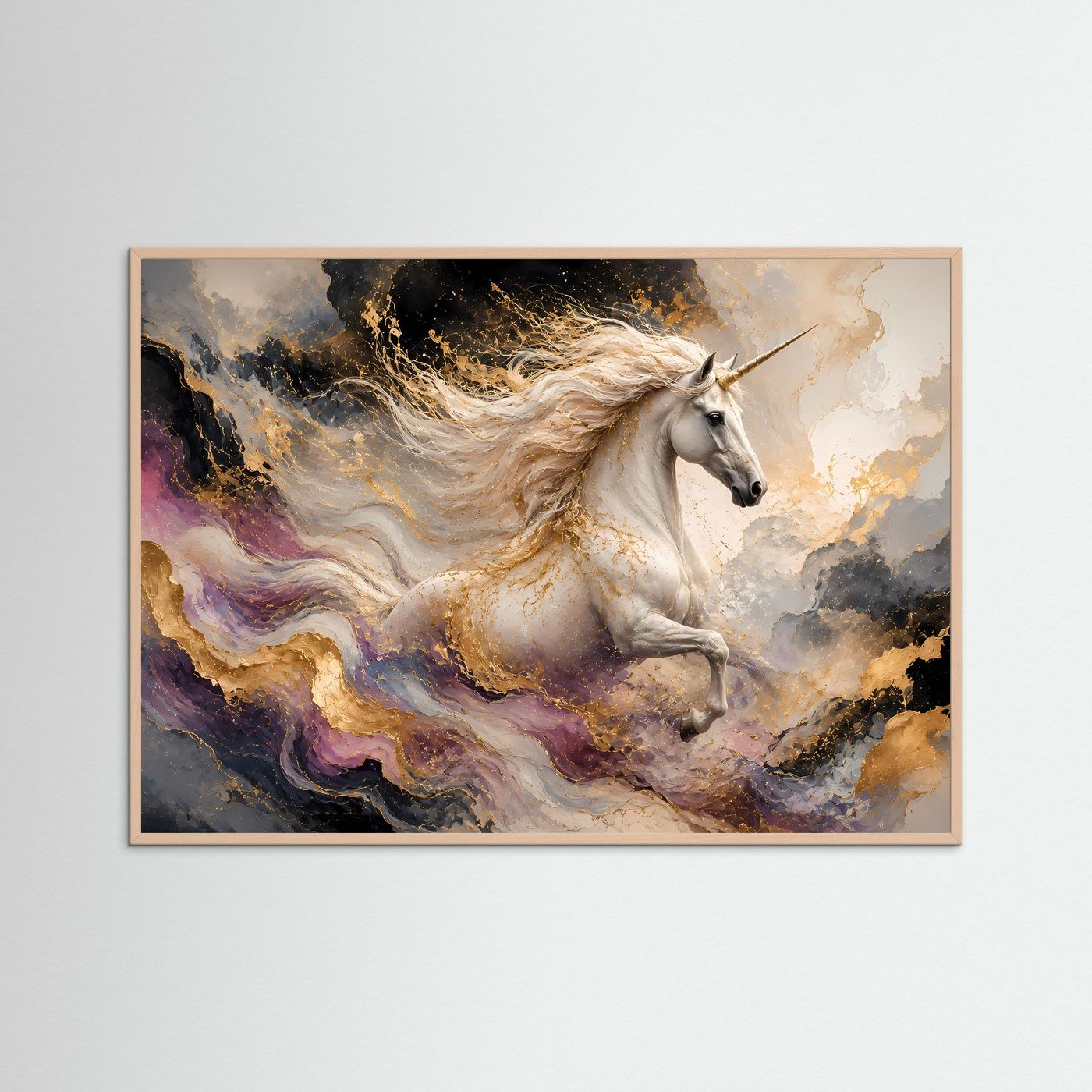 Einhornposter mit rosafarbenem Holzrahmen im Querformat: weißes Einhorn mit wehender Mähne