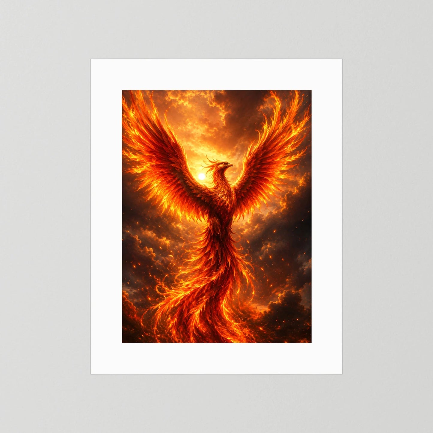 Hochkant-Poster mit Phönix in Flammen, weißes Passepartout