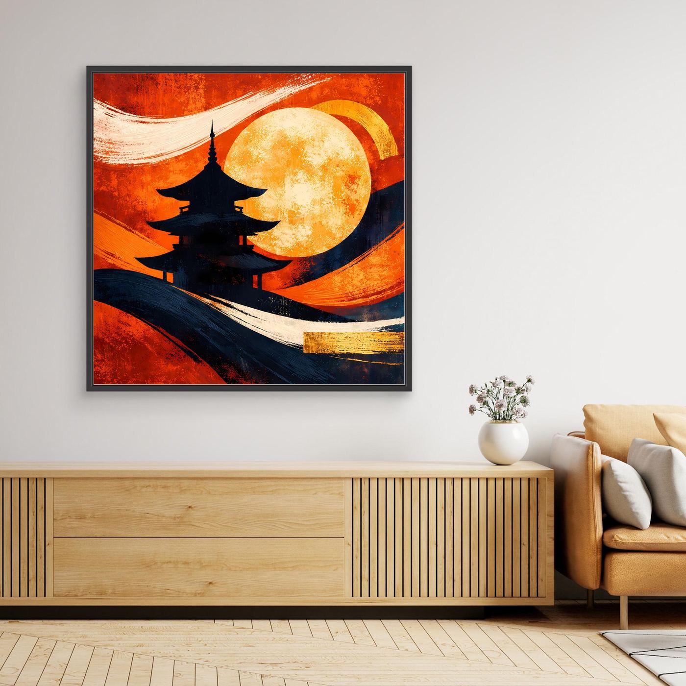 Leinwandbild mit Pagode vor Vollmond, schwarz gerahmt