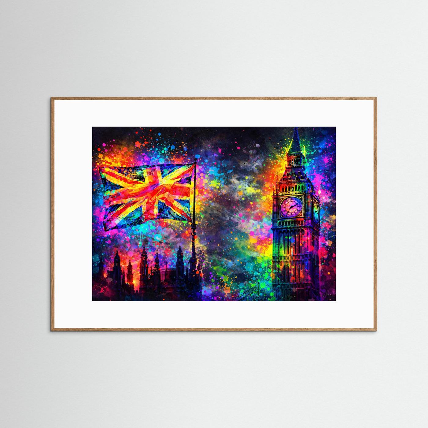 Poster Big Ben und Union Jack im Neon-Pop-Art, in mittelbraunem Holzrahmen