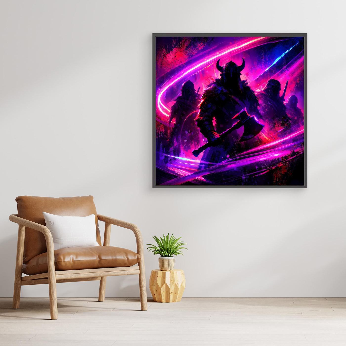 Quadratisches Leinwandbild, schwarzer Rahmen: Wikingerkrieger vor Neonringen in Pink/Violett