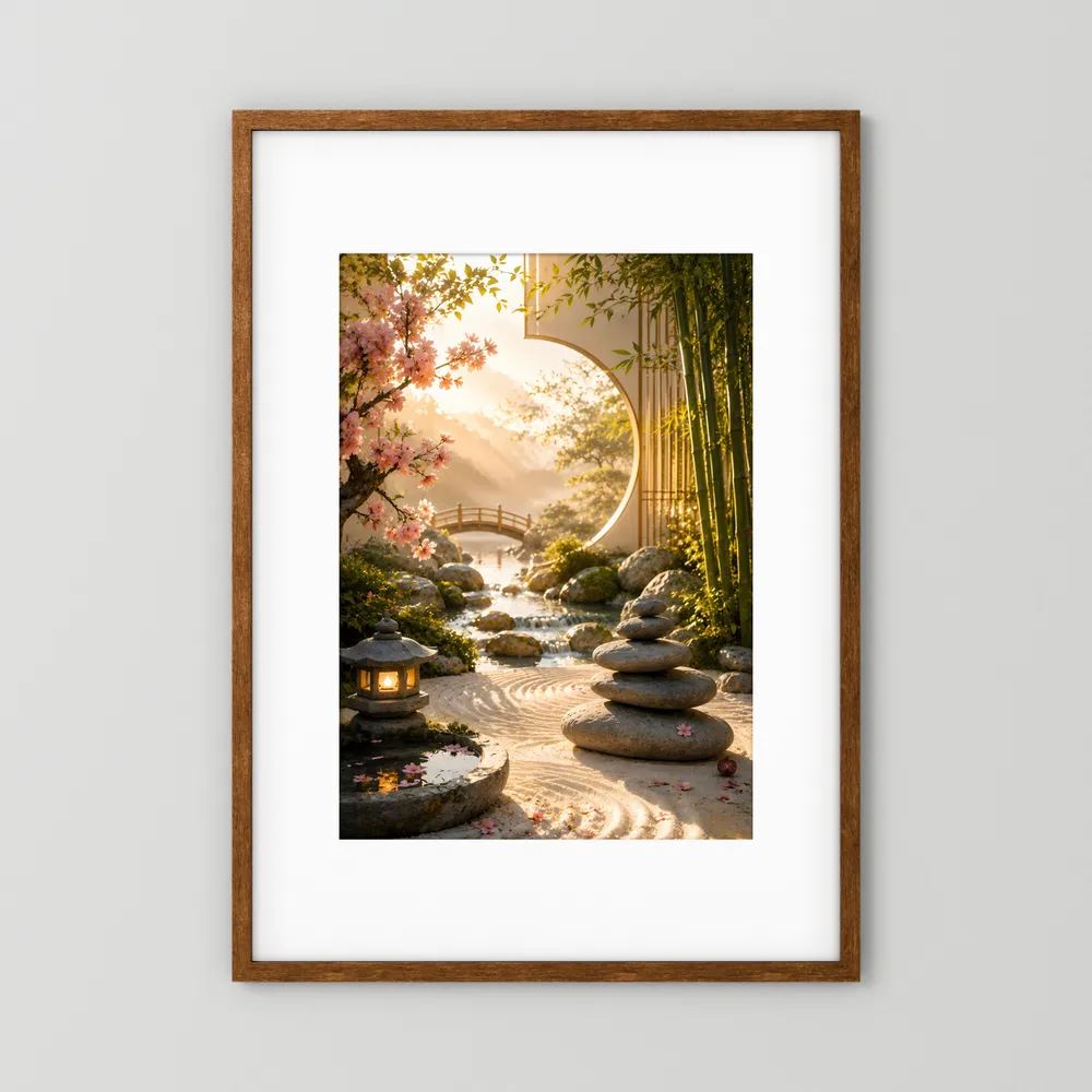 Hochformat-Poster Zen-Garten mit Bambus, Kirschblüten, Kiesweg, Steinlaterne und Stapelsteinen