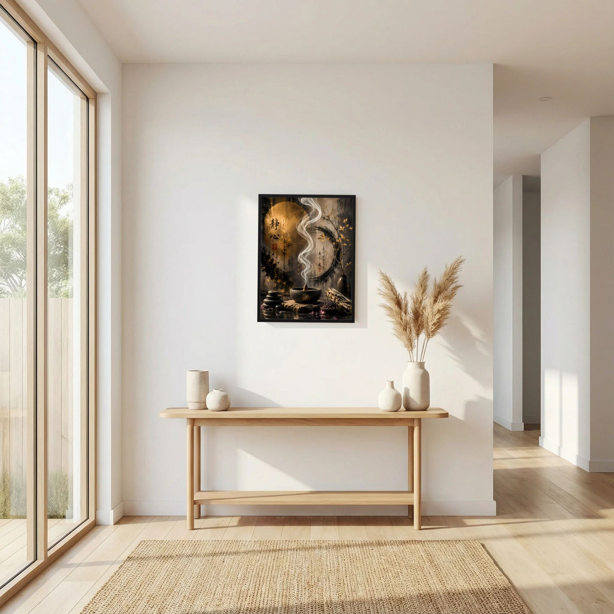 Gerahmtes Poster mit goldenem Kreis, weißem Räucherrauch und dunklem Asien-Motiv.