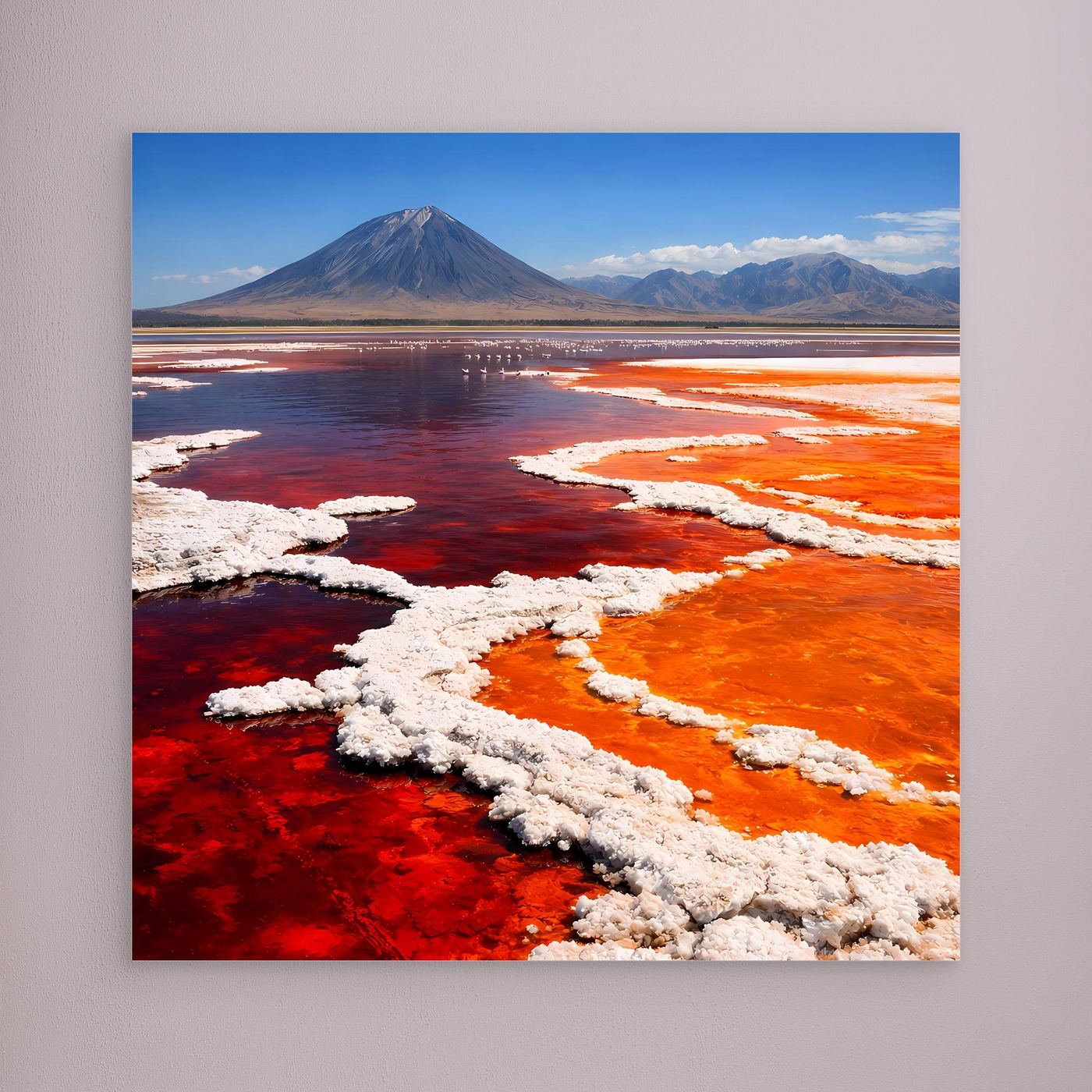 Gerahmtes Leinwandbild mit Vulkan und rotem Salzsee, orangefarbene Uferstreifen, silberne Umrandung