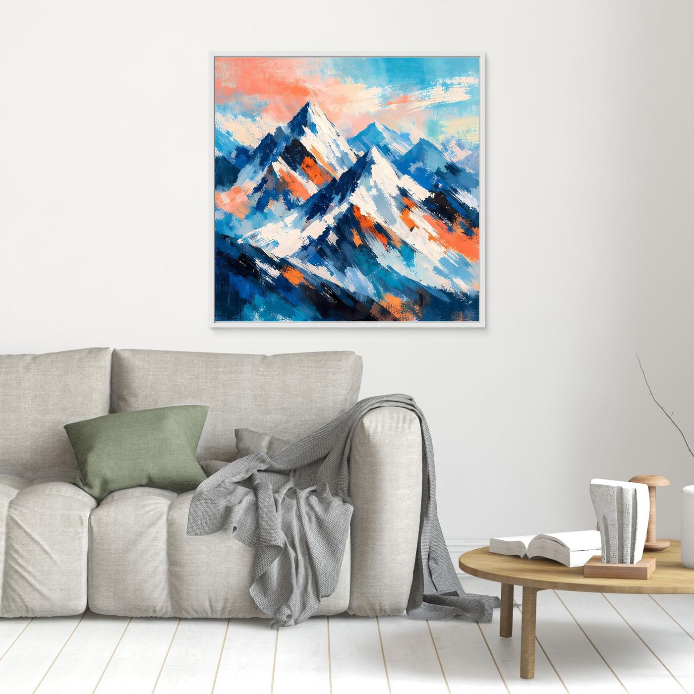 Kleines gerahmtes Leinwand-Wandbild mit abstrakten Schneebergen in Blau, Weiß und Orange