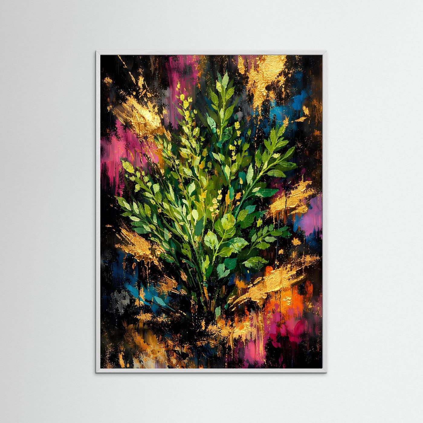 Poster im Hochformat mit abstrakten Eukalyptusblättern in Grün und Gold, bunte Spritzer, grauer Rahmen.