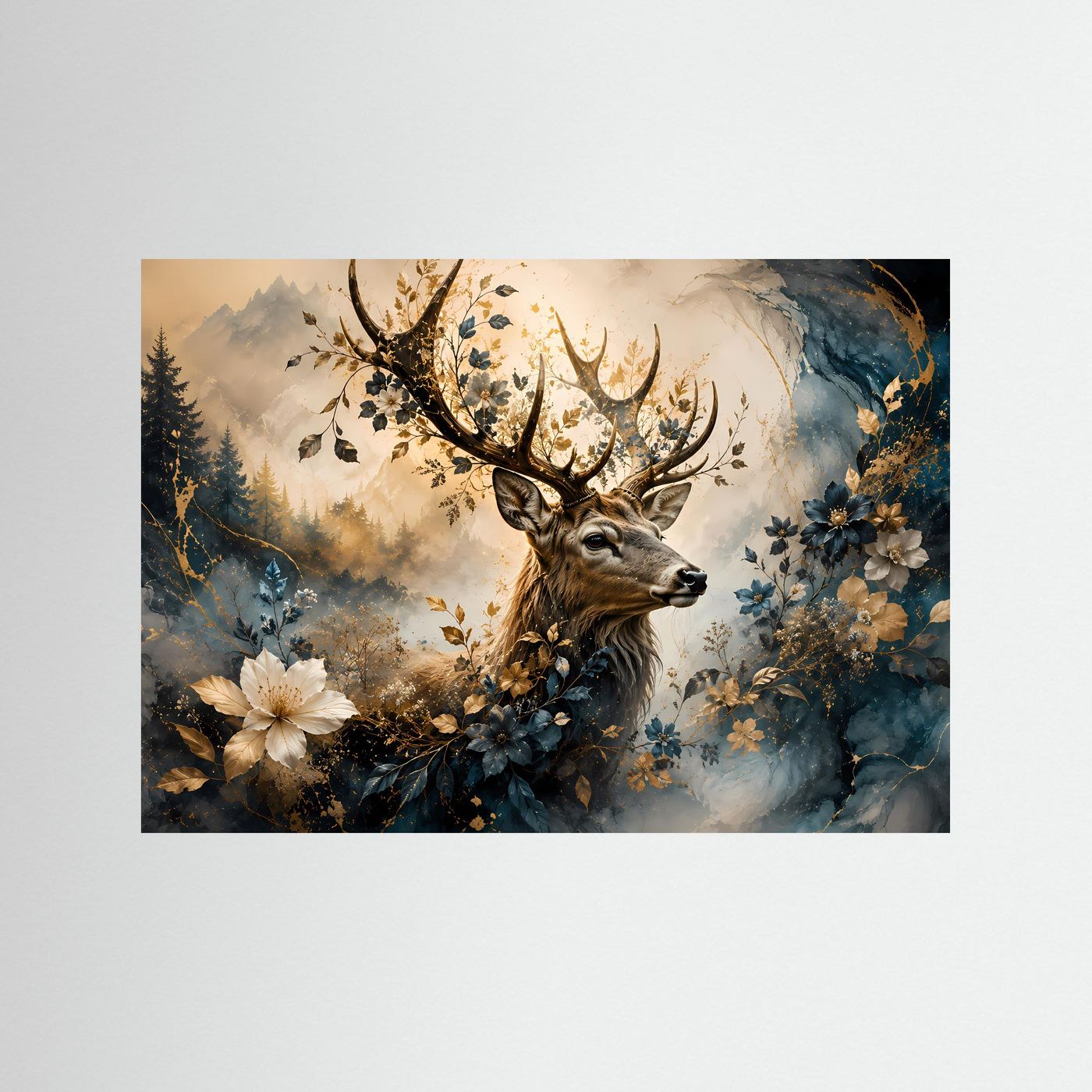 Wald-Wandbild: Hirsch mit Geweih, von Blumen und Blättern umgeben, blau-goldene Töne
