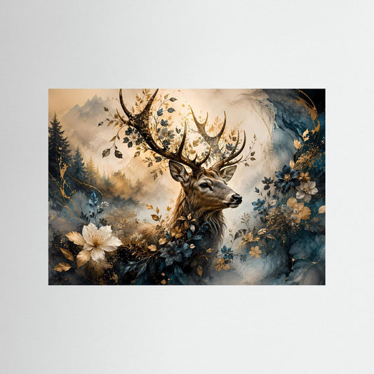 Wald-Wandbild: Hirsch mit Geweih, von Blumen und Blättern umgeben, blau-goldene Töne