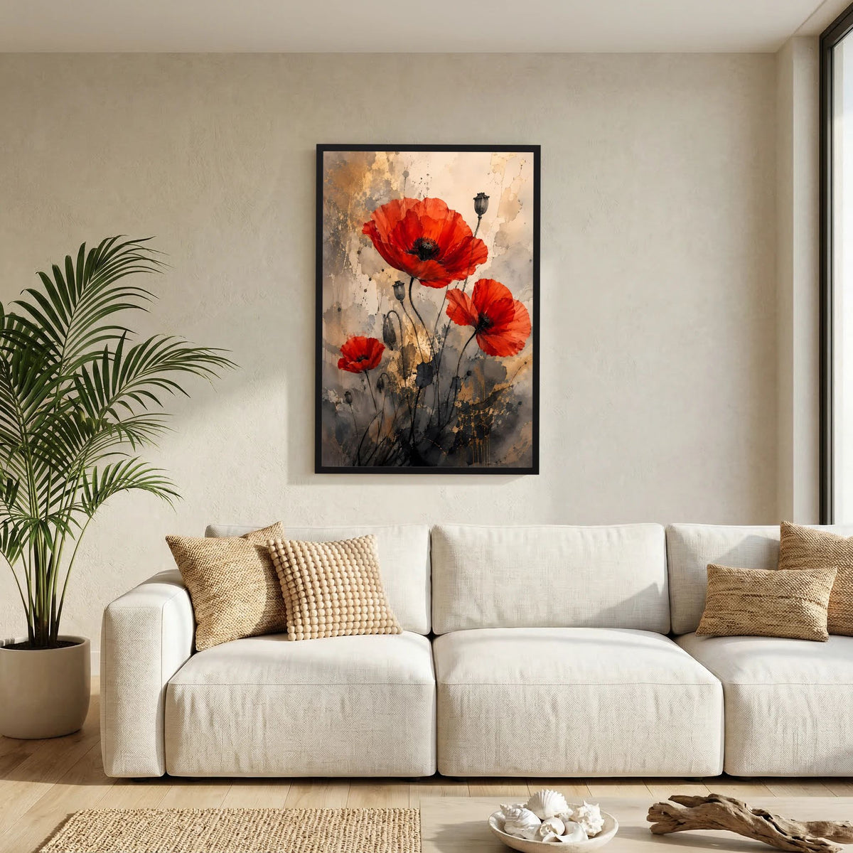 Abstraktes Mohnblumen-Poster mit roten Blüten, grauem Bodendetail und schwarzen Linien, schwarz gerahmt