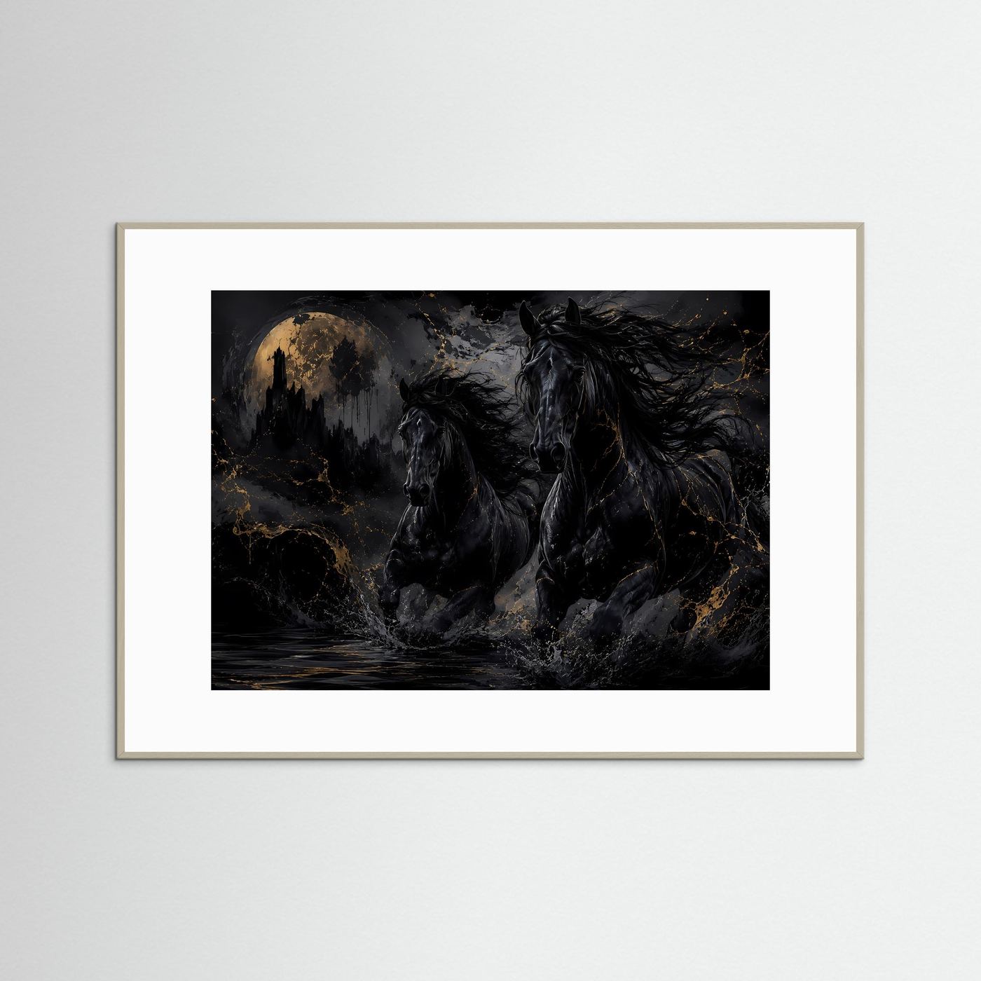 Schwarze Pferde Poster | Mystische Pferde Wandkunst mit Vollmond | Dunkle Fantasy Pferde | Eleganter Gothic Kunstdruck