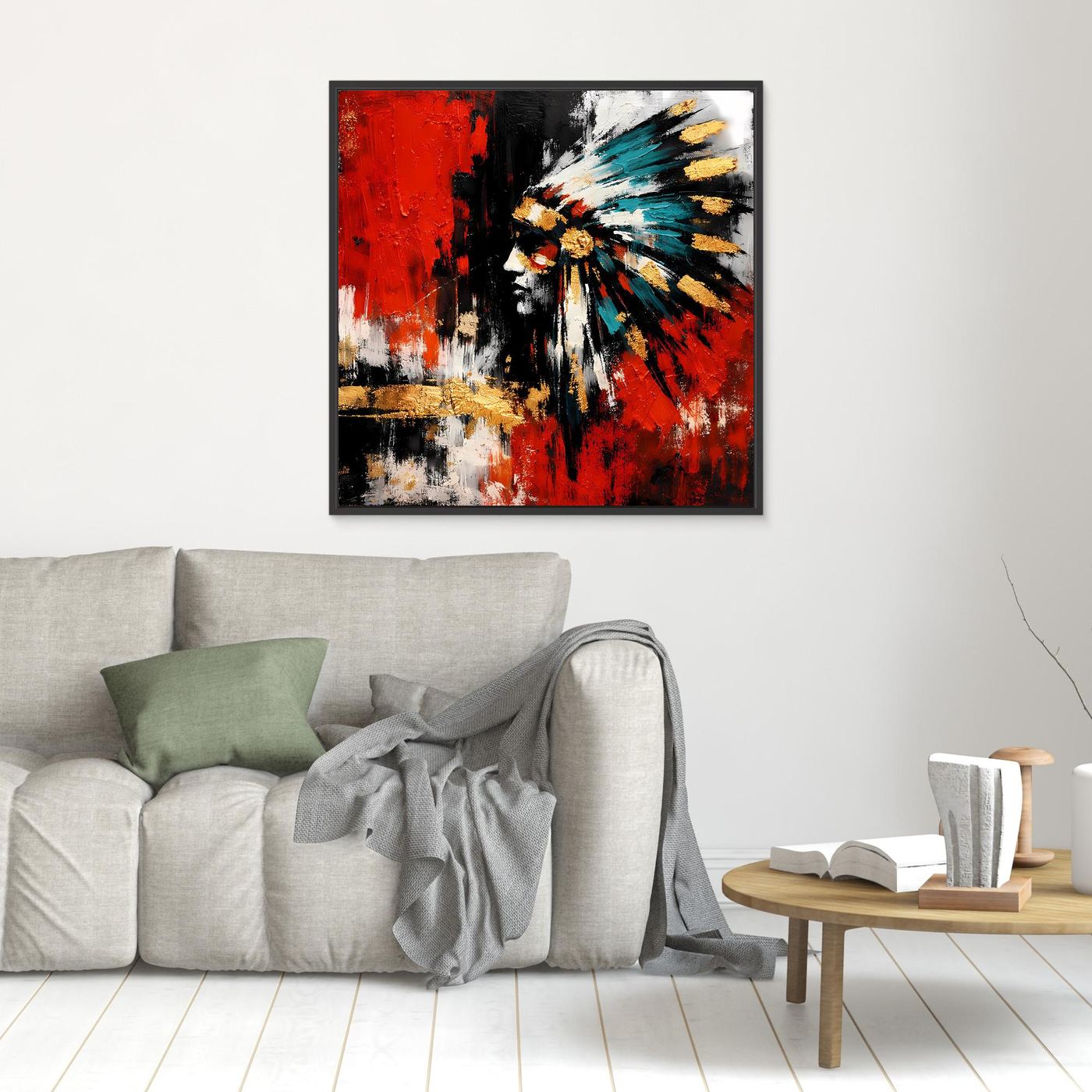Leinwand-Wandbild mit abstraktem Porträt, Rot, Schwarz, Weiß und Türkis, dunkler Rahmen