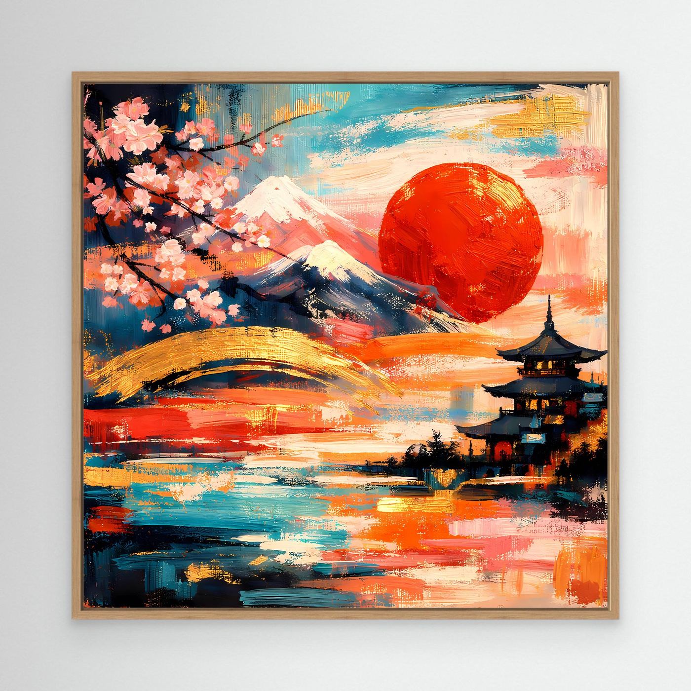 Gerahmtes Leinwandbild mit Fuji, roter Sonne, Kirschblütenzweig und Pagode, warmes Farbspiel