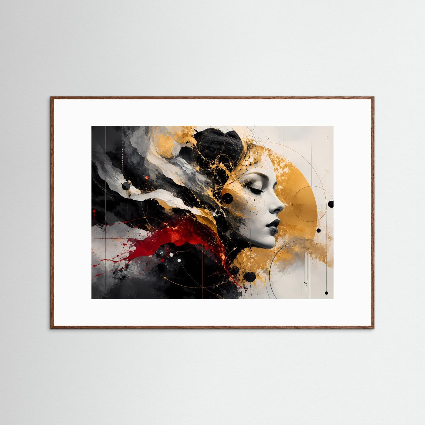 Abstraktes Frauenporträt Poster | Schwarz Gold Rot Wandkunst | Modernes Gesicht Kunst | Elegante Leinwand | Luxus Wall Art