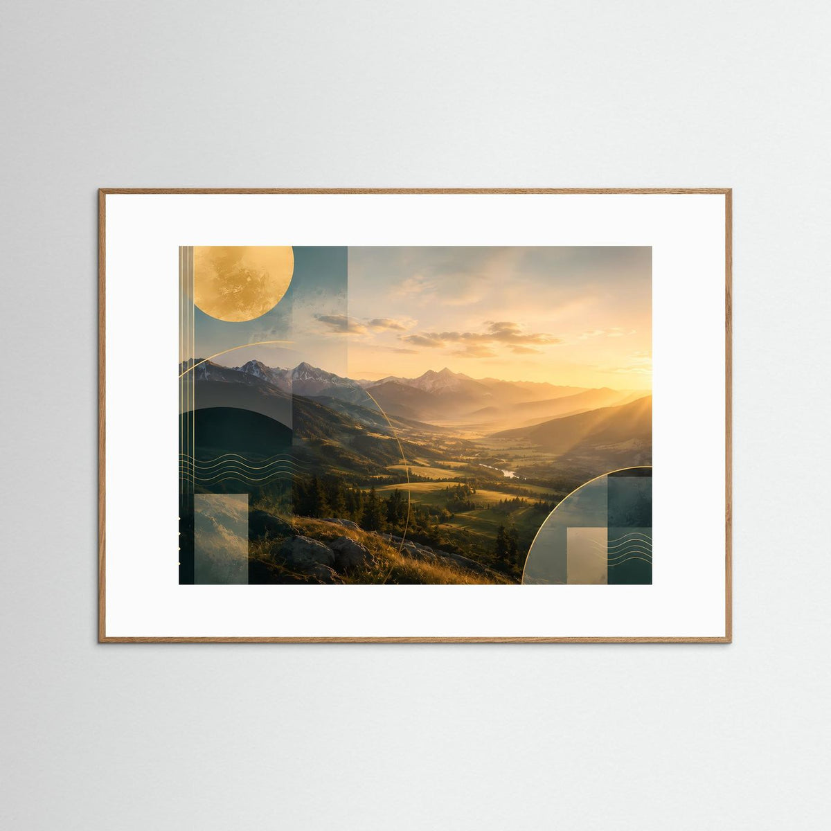 Gerahmtes Poster mit abstrakter Alpenlandschaft in goldenen und petrolfarbenen Farbtönen, Querformat