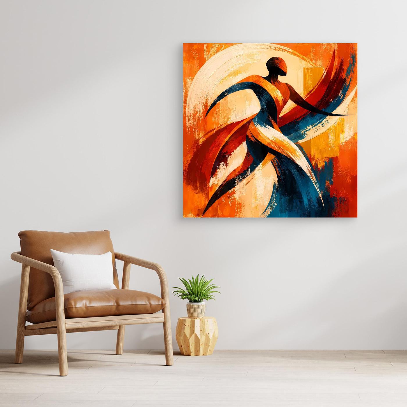 Leinwandbild mit abstrakter Tänzer-Silhouette in Orange, Blau und Rot, ohne sichtbaren Rahmen.