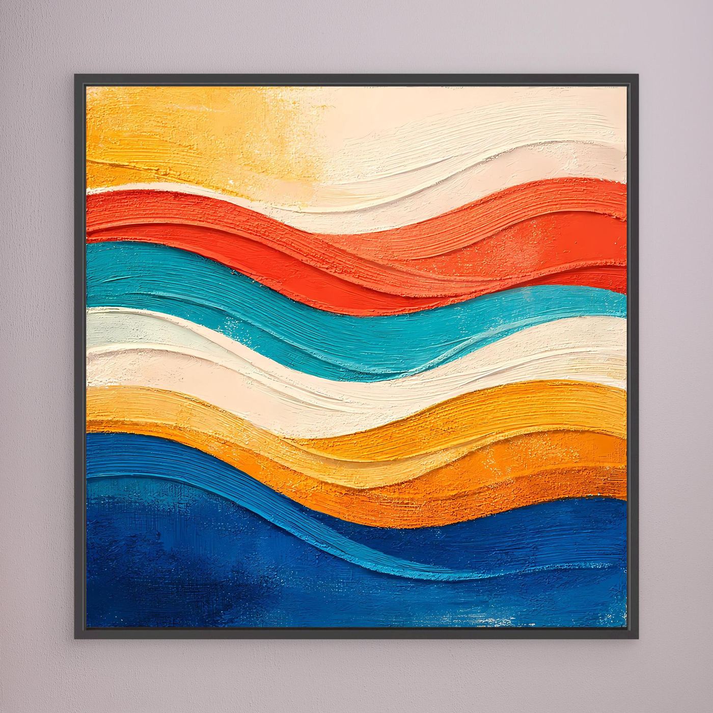 Abstraktes Leinwand-Wandbild mit wellenförmigem Relief, schwarzer Rahmen