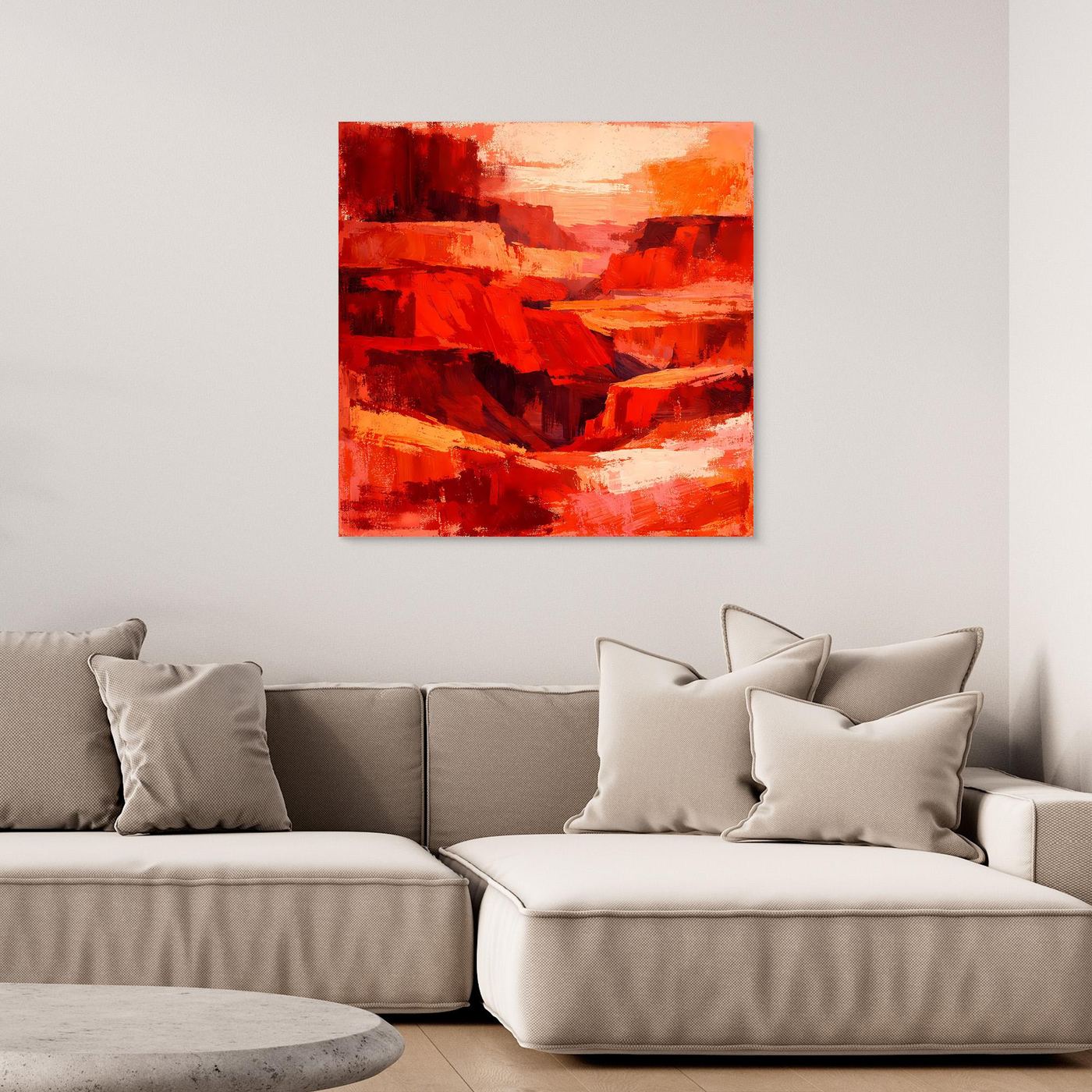 Leinwand-Wandbild mit abstrakter Schlucht in Rot und Orange ohne sichtbaren Rahmen