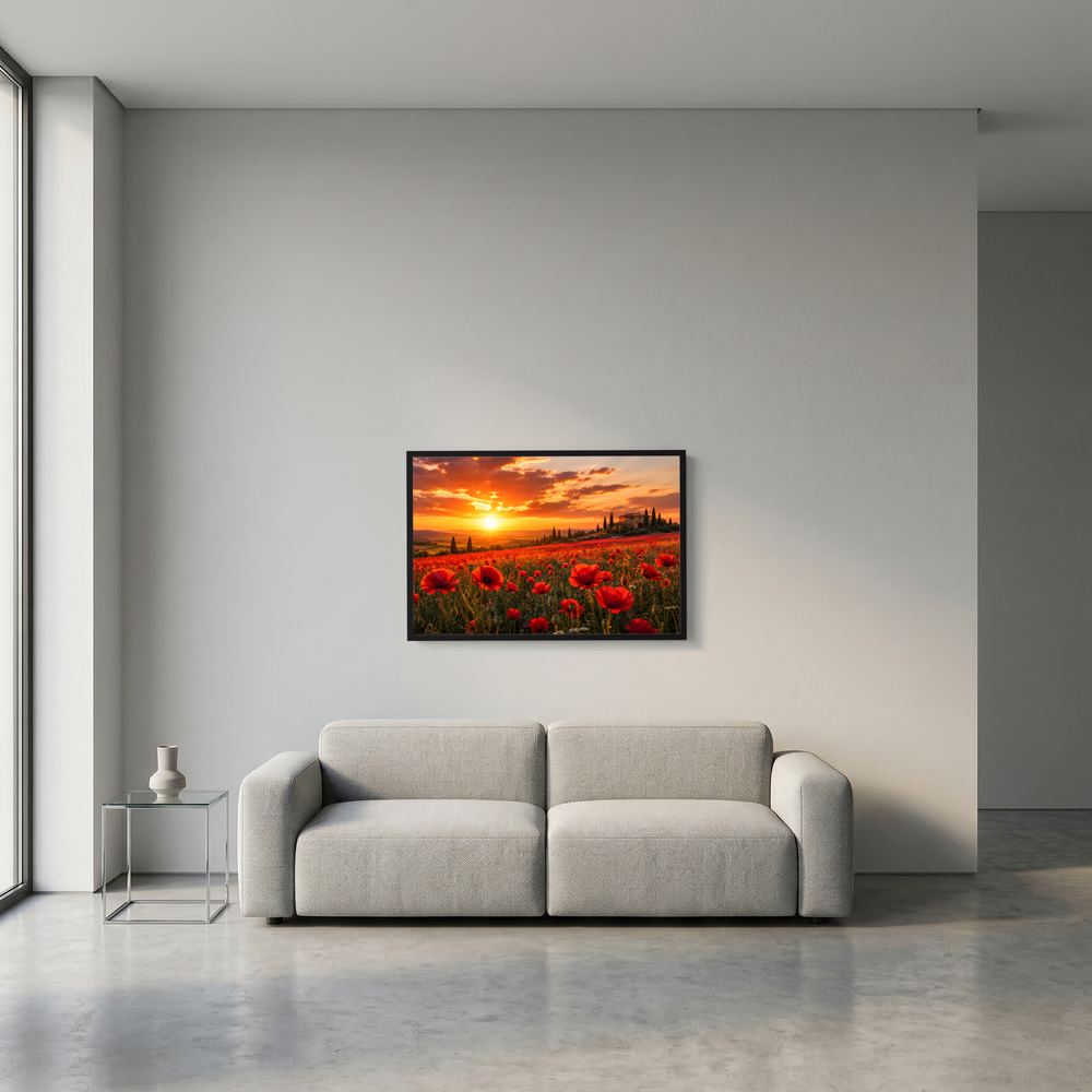 Kleines Poster im schwarzen Rahmen mit roten Mohnblumen und Sonnenuntergang