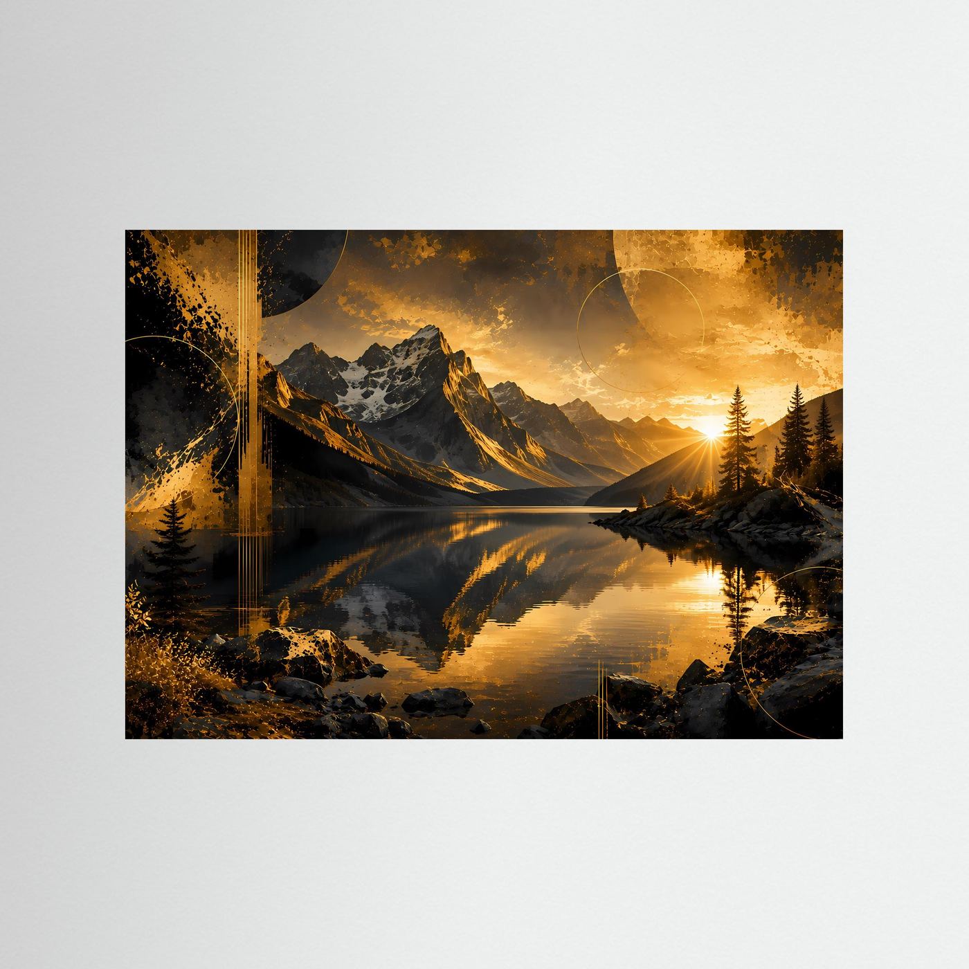Querformat-Poster mit Bergsee-Landschaft in dunklem Gold und dunklen Farbtönen, ohne Rahmen
