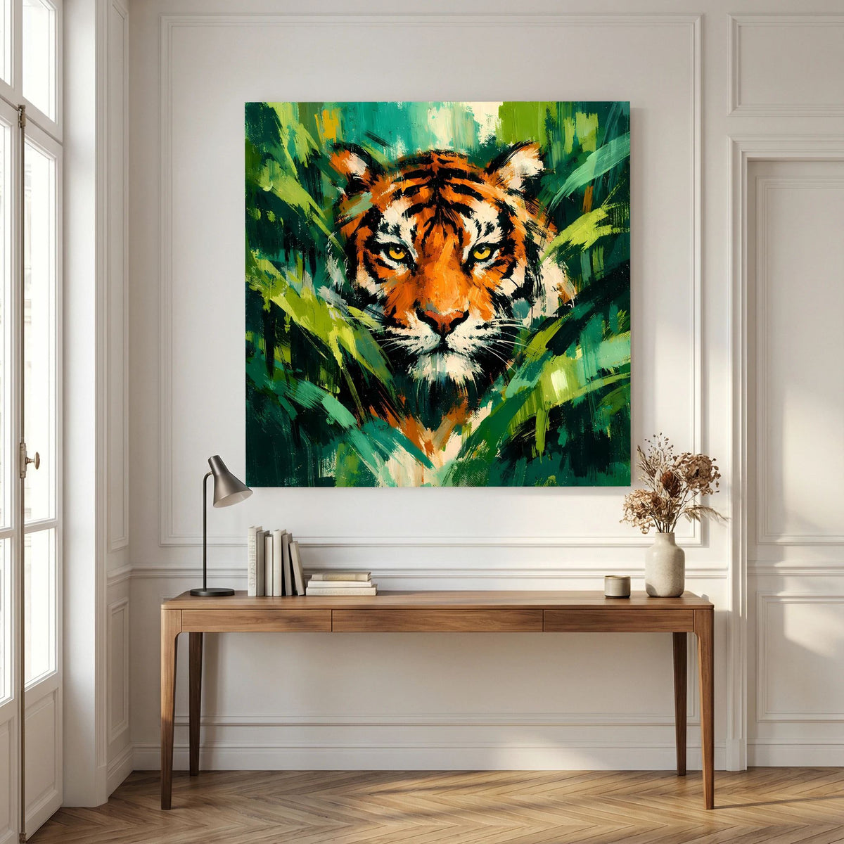 Leinwand Abstraktes Tiger Gemälde | Modernes Wandbild Raubkatze Dschungel Grün Orange