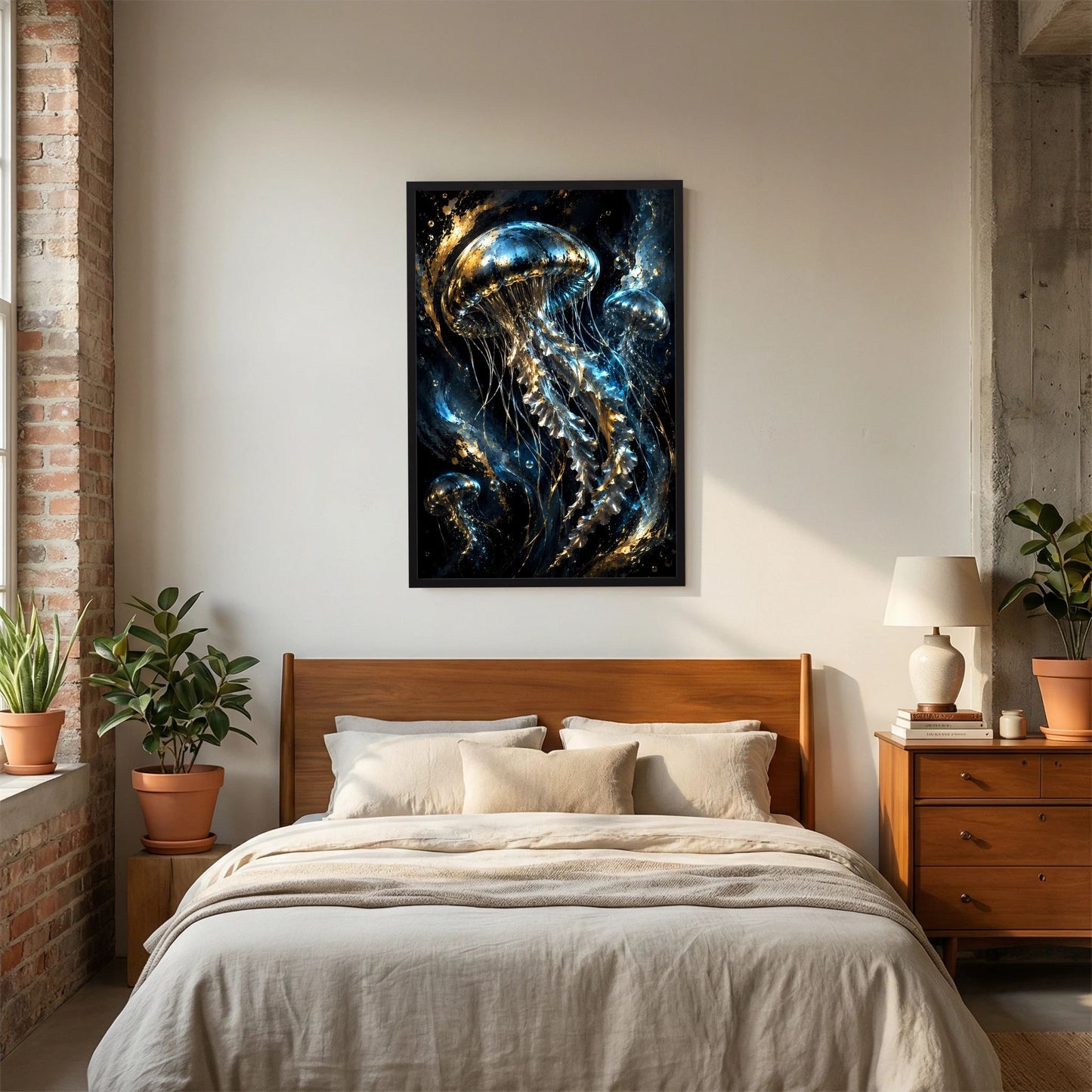 Gerahmtes Poster im Hochformat mit goldenen und blauen Quallen auf dunkel-blauem Grund