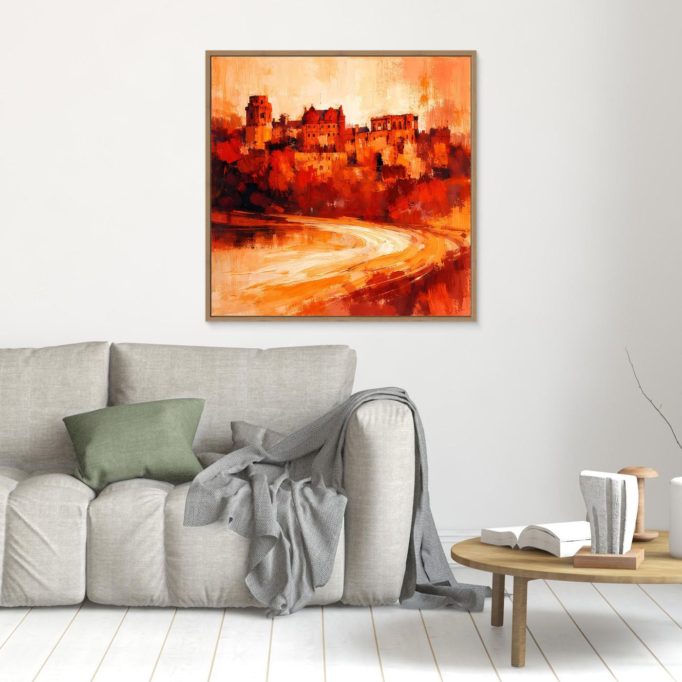Leinwand Heidelberger Schloss im Abendlicht | Abstraktes Rot‑Ocker Wandbild mit Struktur und Tiefe