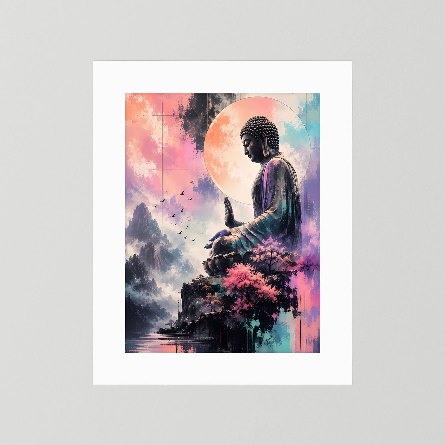 Hochformatiges Buddha-Poster mit meditierender Figur, Bergen und Kirschblüten, ohne Rahmen