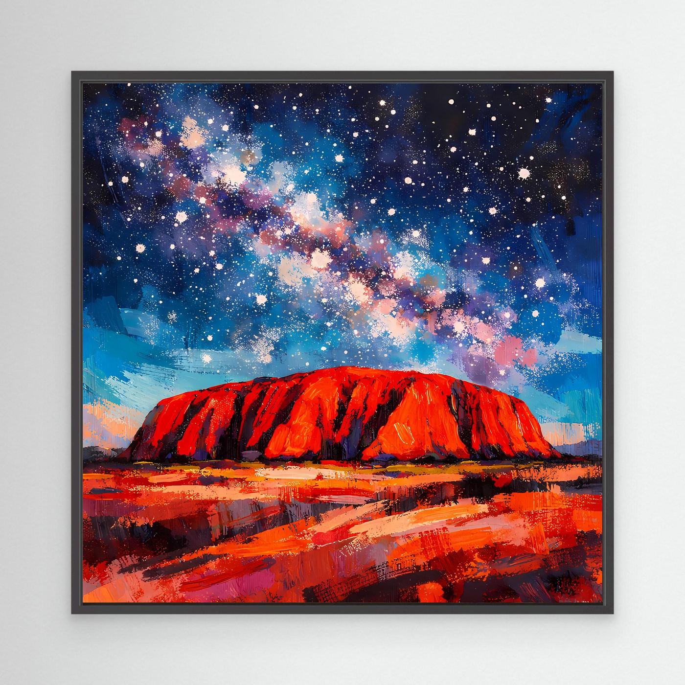 Abstraktes Wandbild auf Leinwand mit schwarzem Rahmen: roter Felsen unter Sternenhimmel.