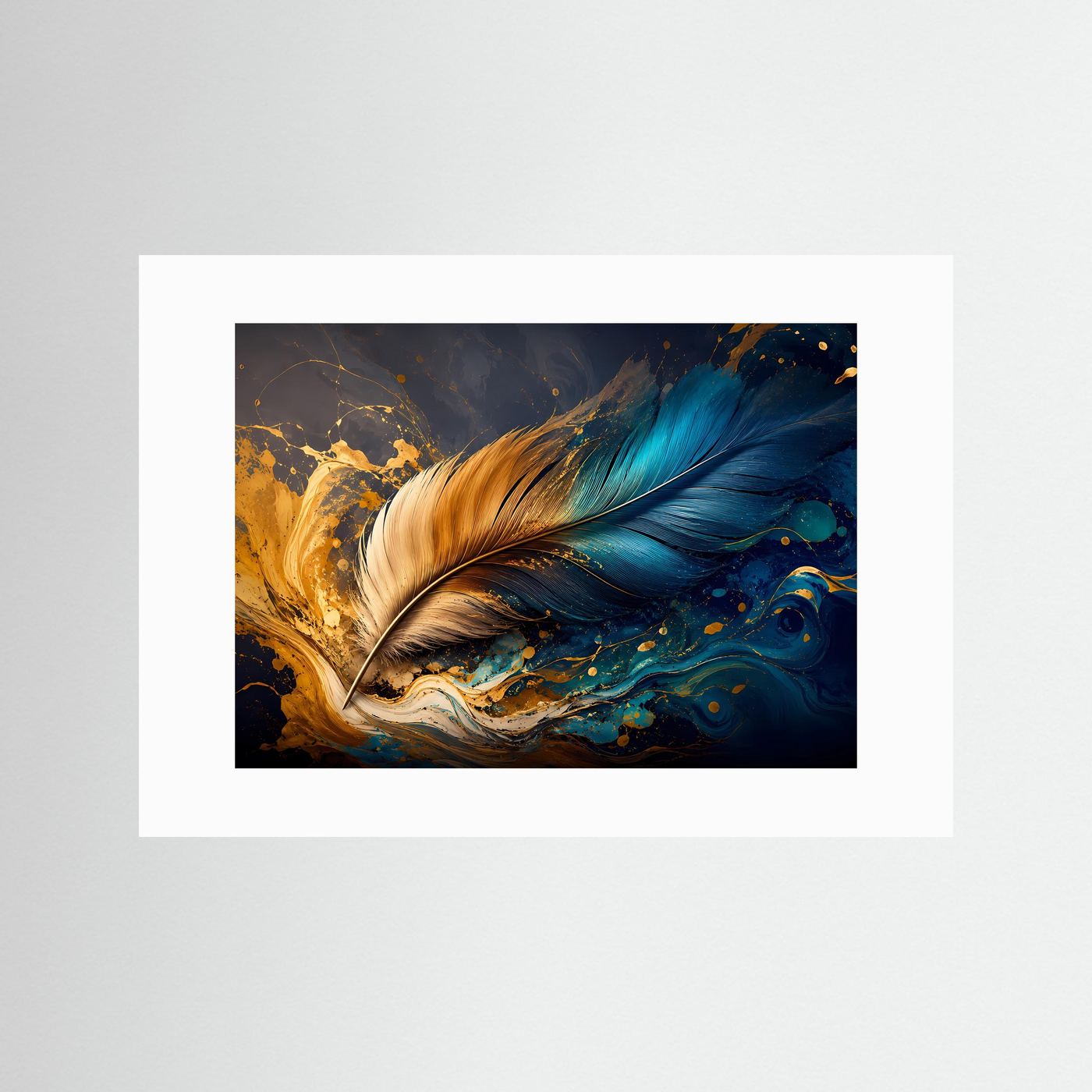 Schwerelose Eleganz: Goldene und blaue Feder im Farbrausch | Modernes Art-Poster Querformat
