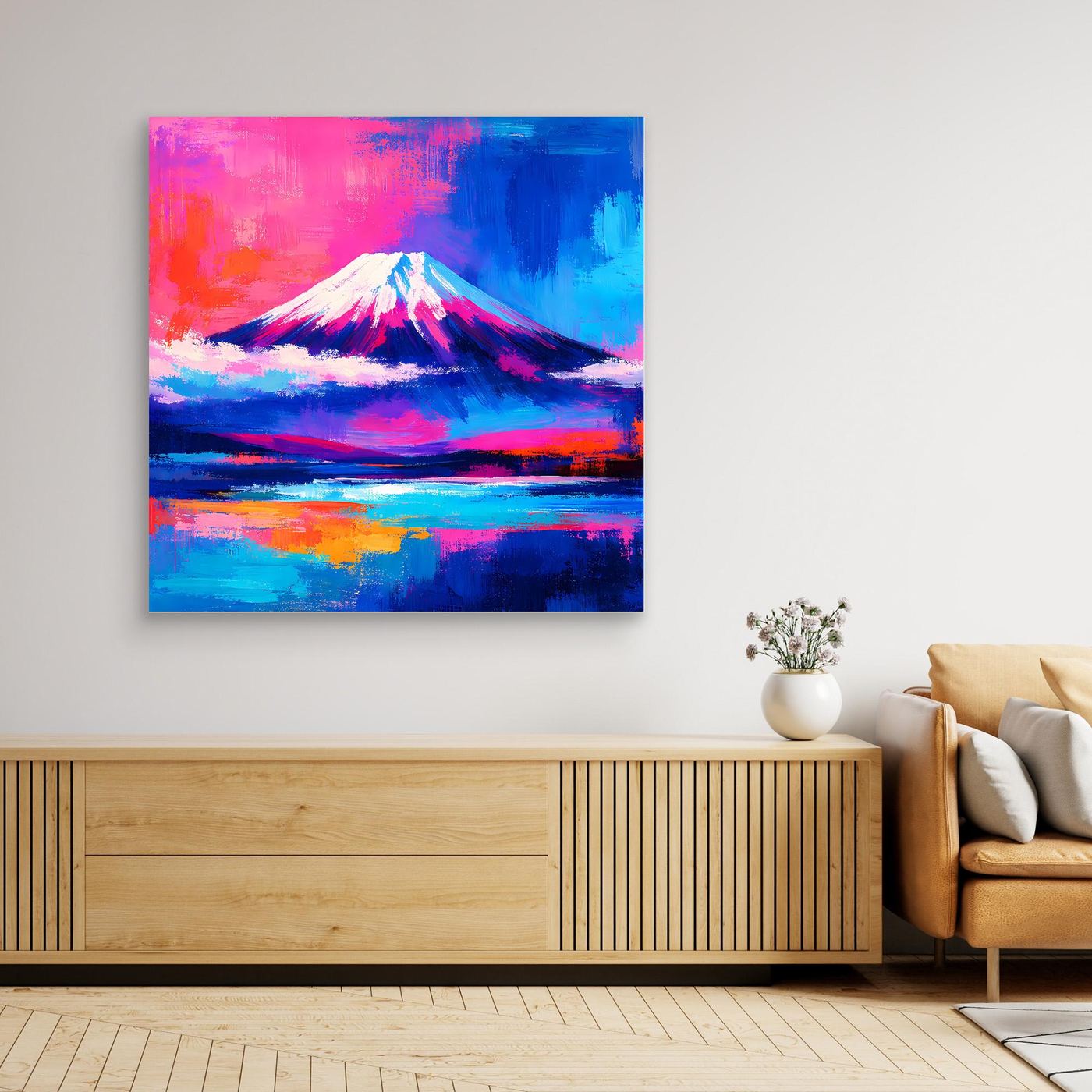 Leinwandbild Abstrakter Fuji bei Sonnenuntergang | Farbenfrohes Berg Wandbild auf echtem Holzkeilrahmen